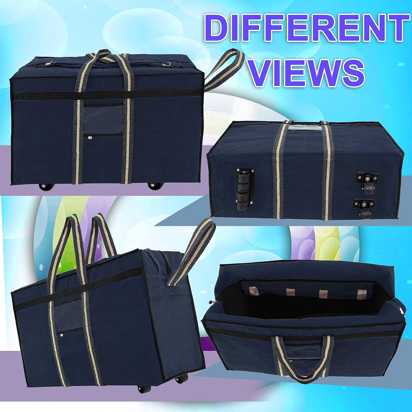 Storite Canvas 90 Liter Large Strong Carry-On Luggage Travel Luggage Duffel Storage Bag With Six Spinner Wheels & Front Transparent Pocket (Blue, 73 X 27.5 X 45 Cm)