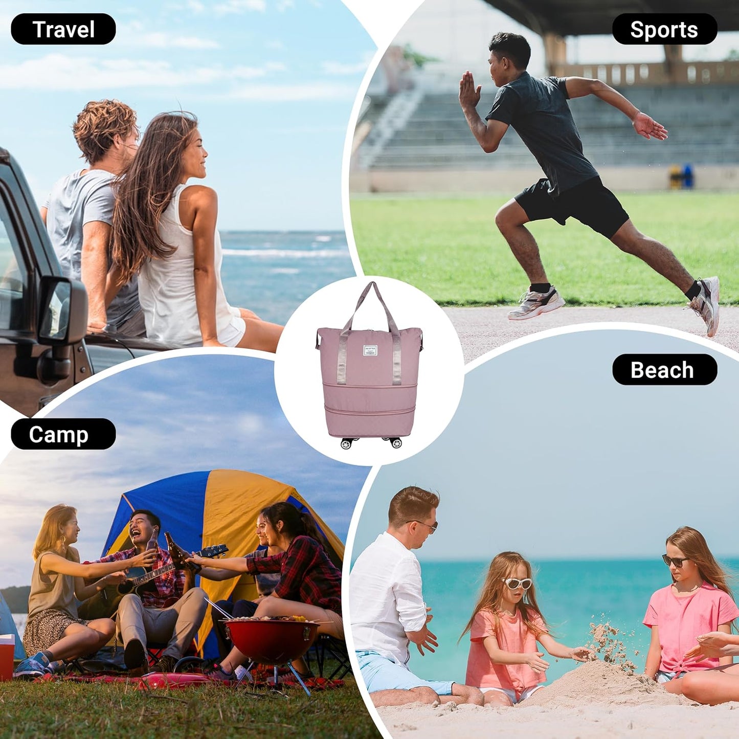 Storite Nylon Rolling Duffle Bag, Expandable and Foldable Carry-On Bag, Large Weekend Bag with Spinner Wheels – Pink