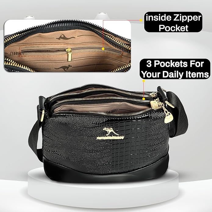Storite Small PU Leather Women Tote Bag, Glossy Texture Fashionable & Party Sling Bag, Pillow Shoulder Crossbody Bag with Adjustable Strap-Black