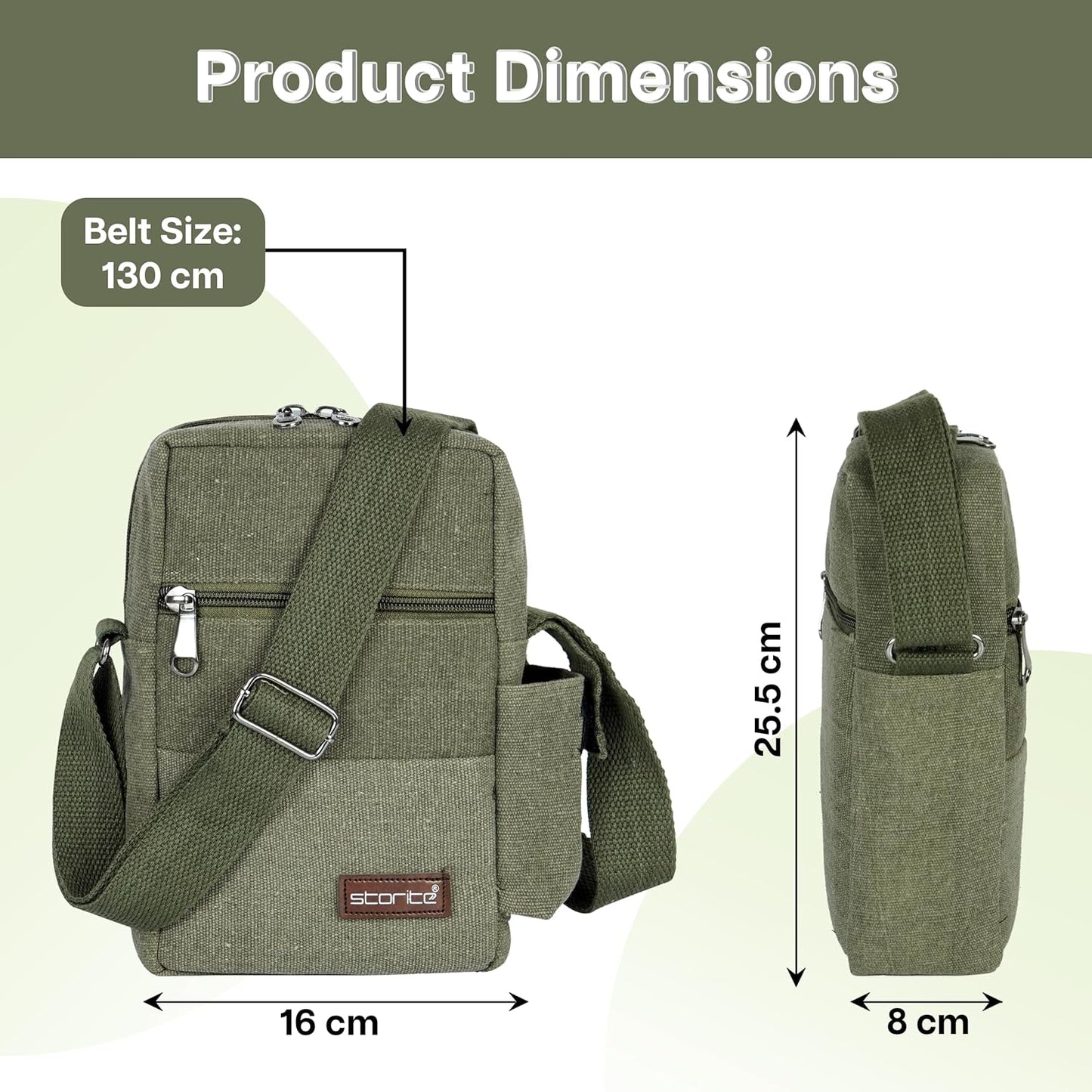Storite Stylish Padded Canvas Small Sling Cross Body Travel Office One Side Shoulder Bag for Men Women (Green - 16 x 8 x 25.5 Cm)