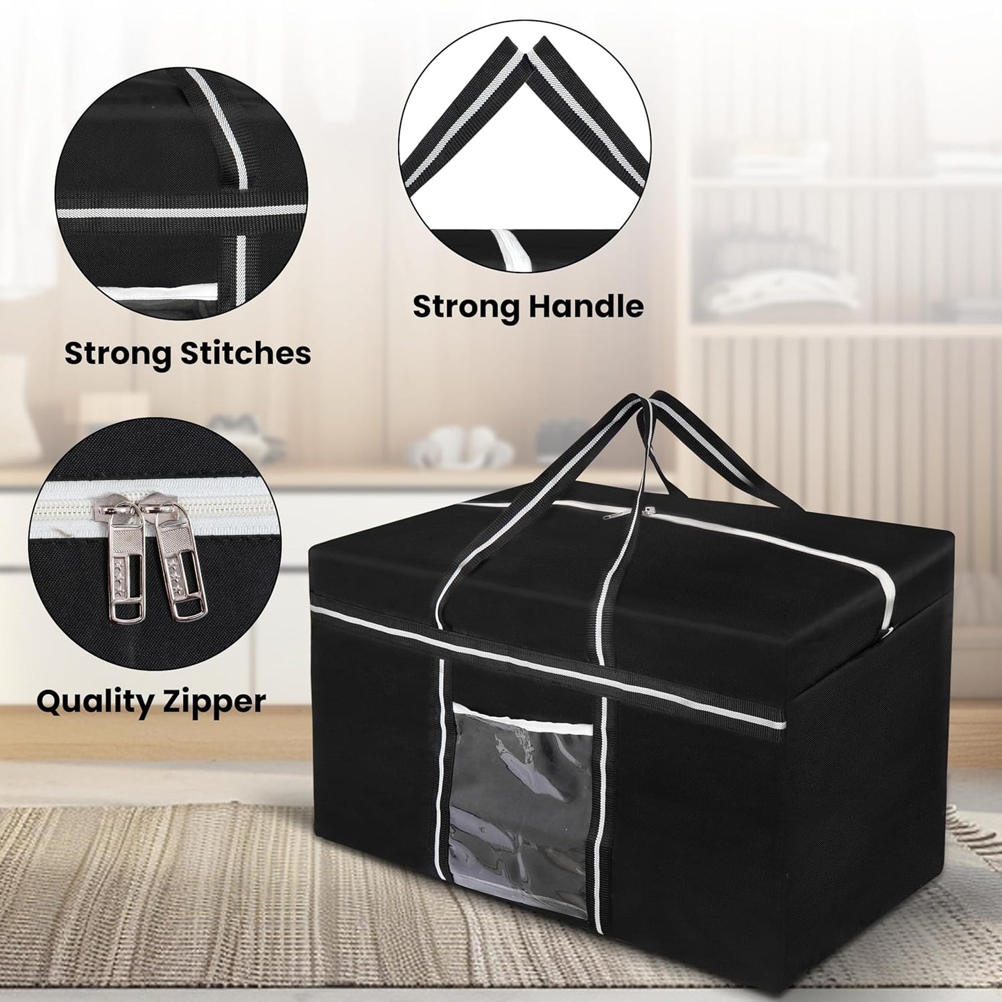Storite Extra Large 128 L Nylon Moisture Proof Multipurpose Heavy Duty Toys Storage Bag/Stationery/Blankets/Clothes/Moving Bags With Strong Reinforced Handles Rectangular - Black