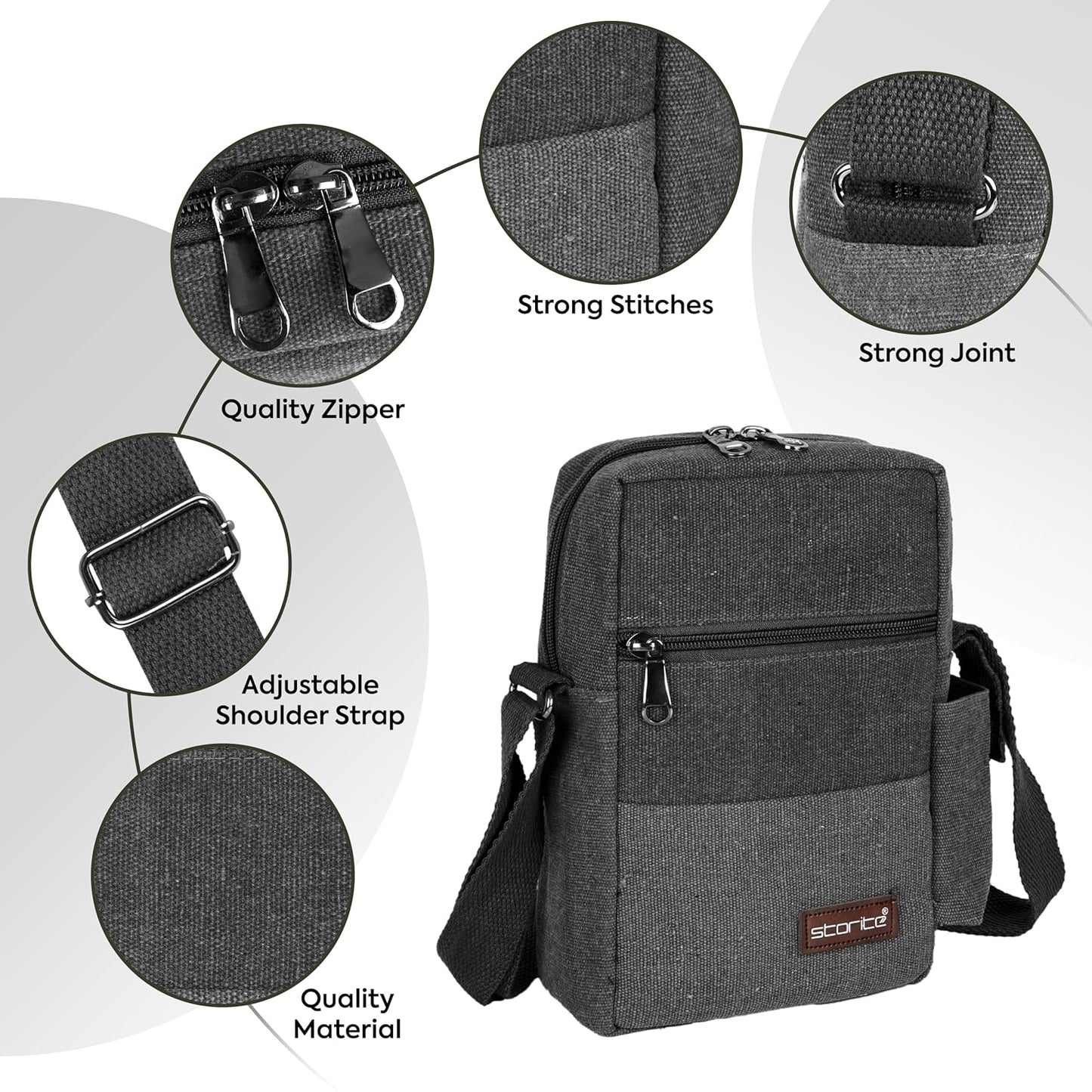 Storite Stylish Padded Canvas Small Sling Cross Body Travel Office One Side Shoulder Bag for Men Women (16 x 8 x 25.5 Cm) (Grey)