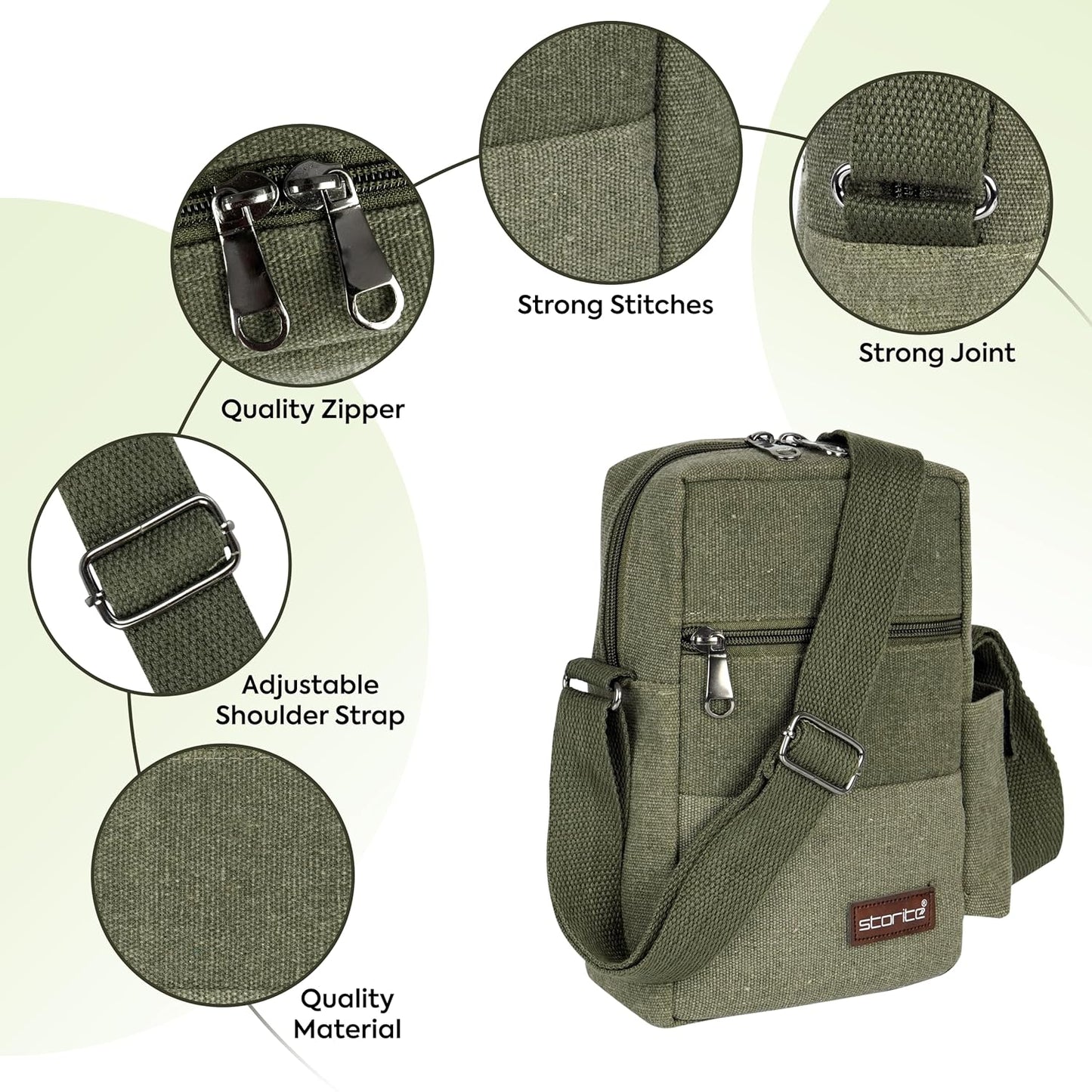 Storite Stylish Padded Canvas Small Sling Cross Body Travel Office One Side Shoulder Bag for Men Women (Green - 16 x 8 x 25.5 Cm)