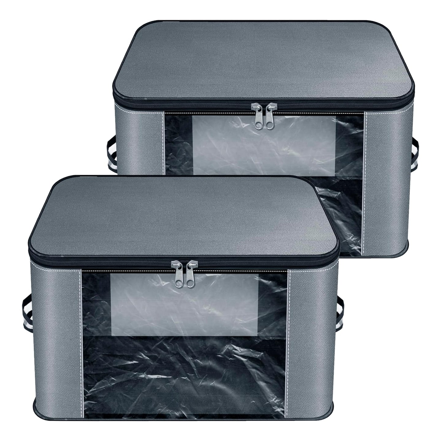 Storite 2 Pack Nylon Wardrobe Bag with Transparent Pocket Underbed Moisture Proof Storage Organizer, Storage box for Clothes Saree Bags with Zippered Closure & Handle (Grey, 37x35x23 cm) Square