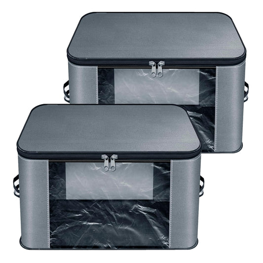 Storite 2 Pack Nylon Wardrobe Bag with Transparent Pocket Underbed Moisture Proof Storage Organizer, Storage box for Clothes Saree Bags with Zippered Closure & Handle (Grey, 37x35x23 cm) Square