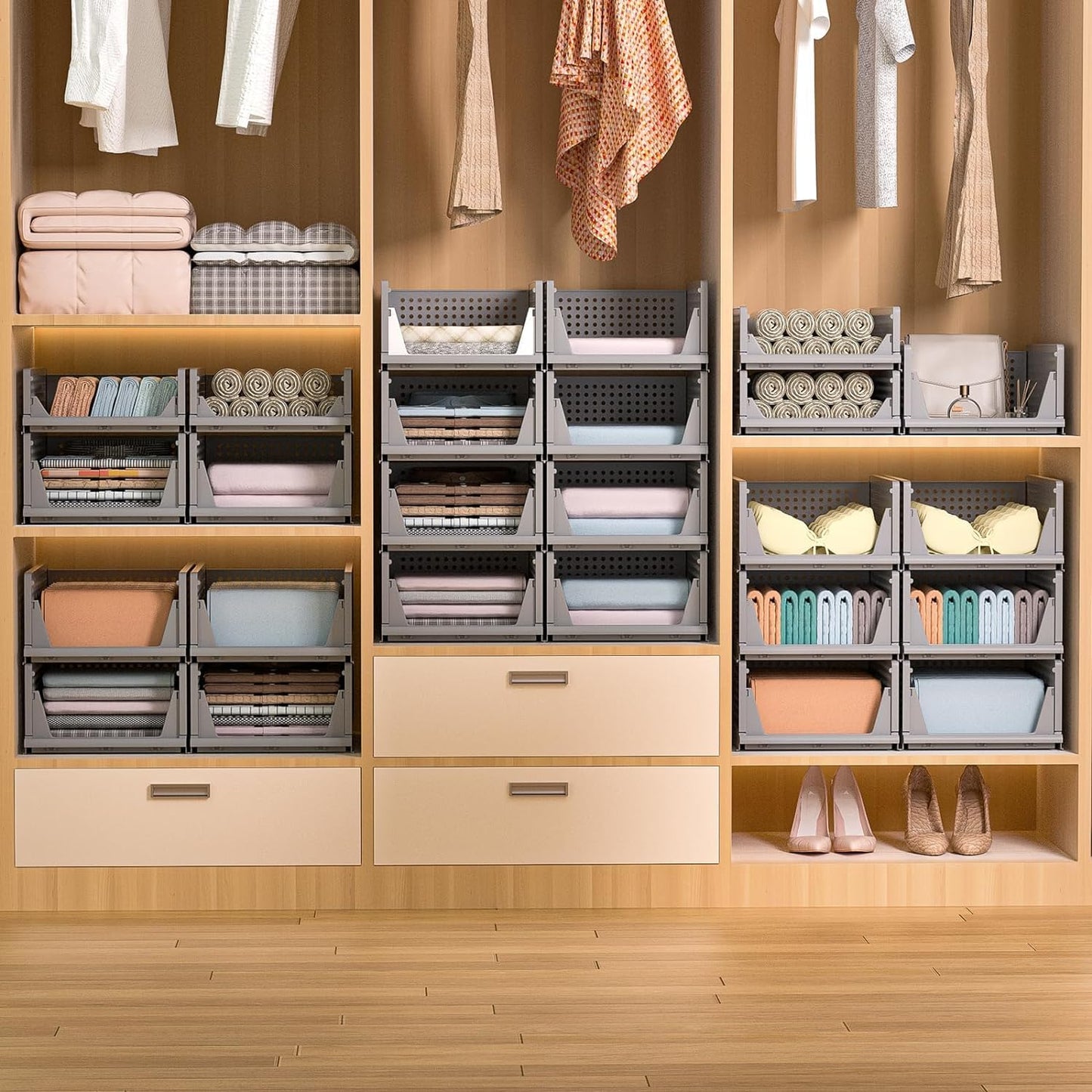 Storite Set of 2 Foldable Wardrobe Organizers - Stackable Plastic Racks for Clothes, Shirts, T-Shirts, and Jeans - Grey