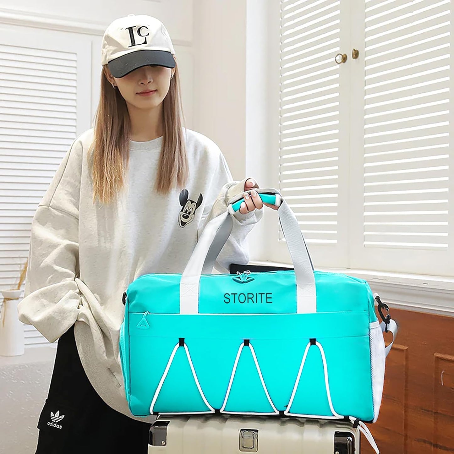 Storite 48.5 CM Nylon Travel Duffle Bag with Wet Pocket Shoe Compartment for Women - Sea Blue
