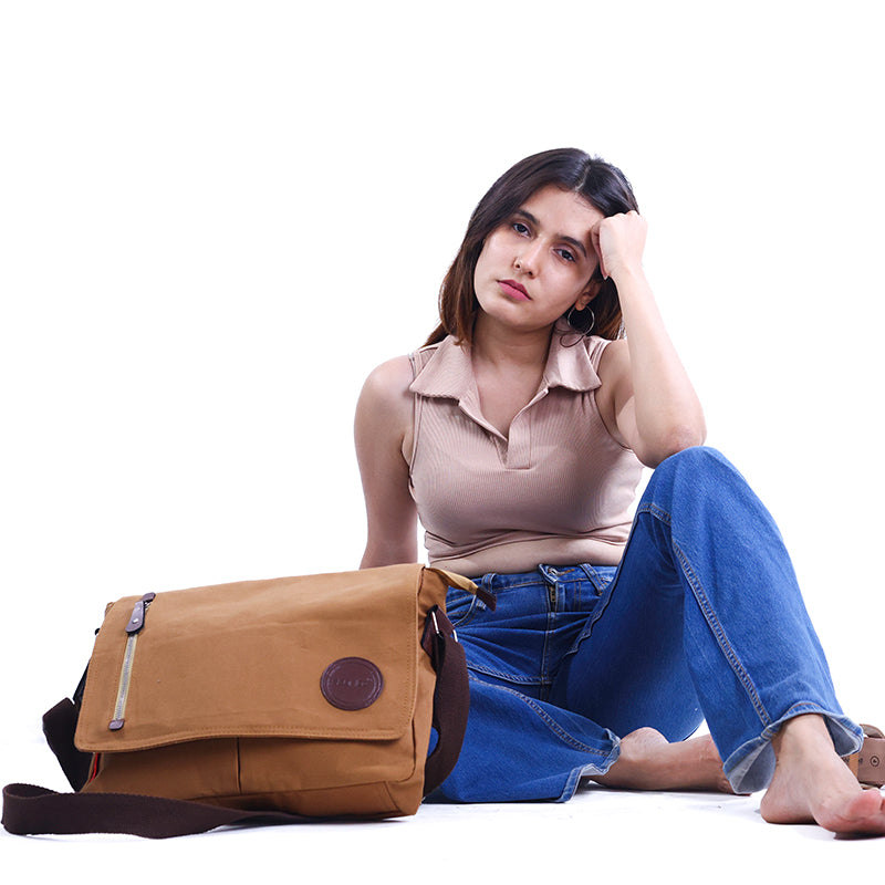 Storite Canvas Sling Cross Body Messenger Bag - Brown, 33 x 6.5 x 27cm