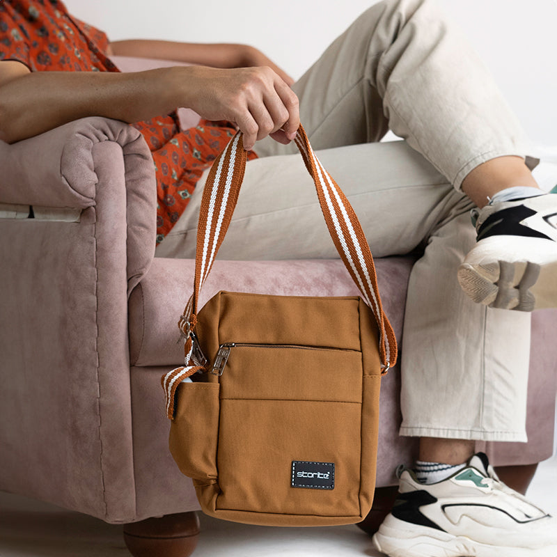 Storite Stylish Padded Canvas Small Sling Cross Body Bag - Brown, 25.5 x 8 x 18.5 cm