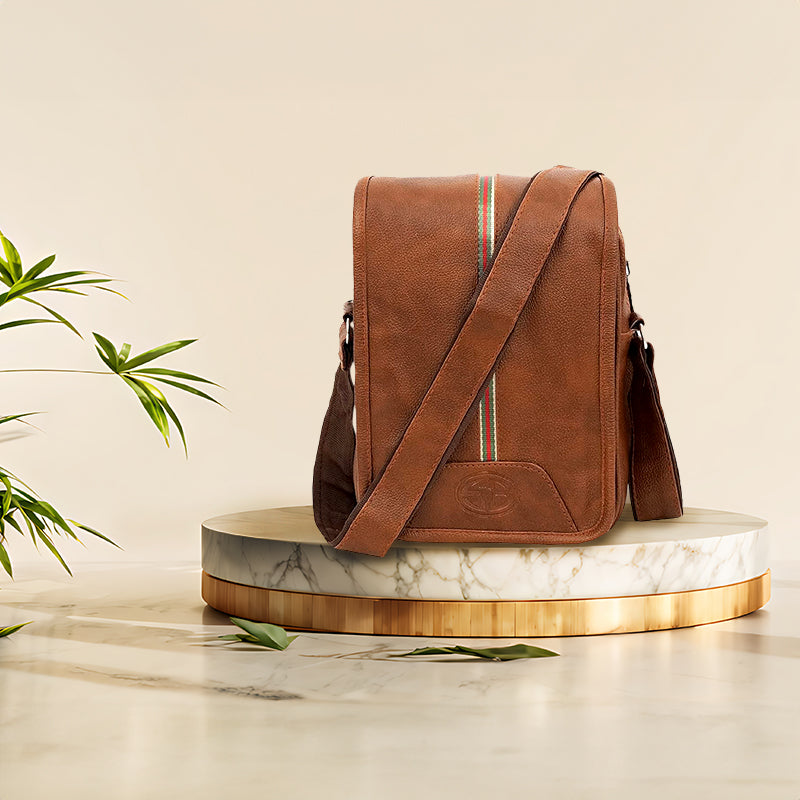 Storite Stylish Small Middle Strip PU Leather Sling Crossbody Bag for Men & Women - Coffee Brown