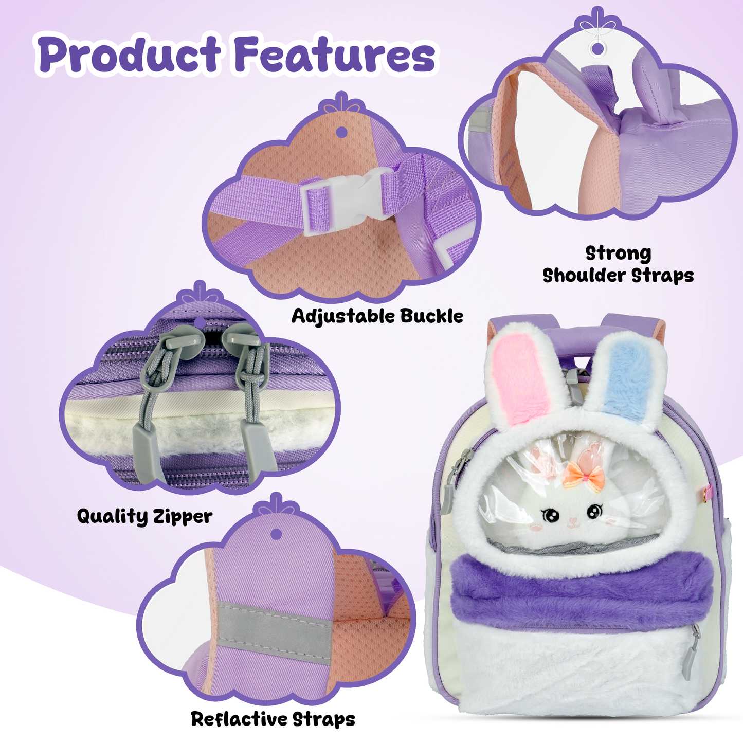 Storite Plush Bunny Ears Kids Backpack – Soft & Cute School Bag for Kindergarten & Preschool – White & Purple