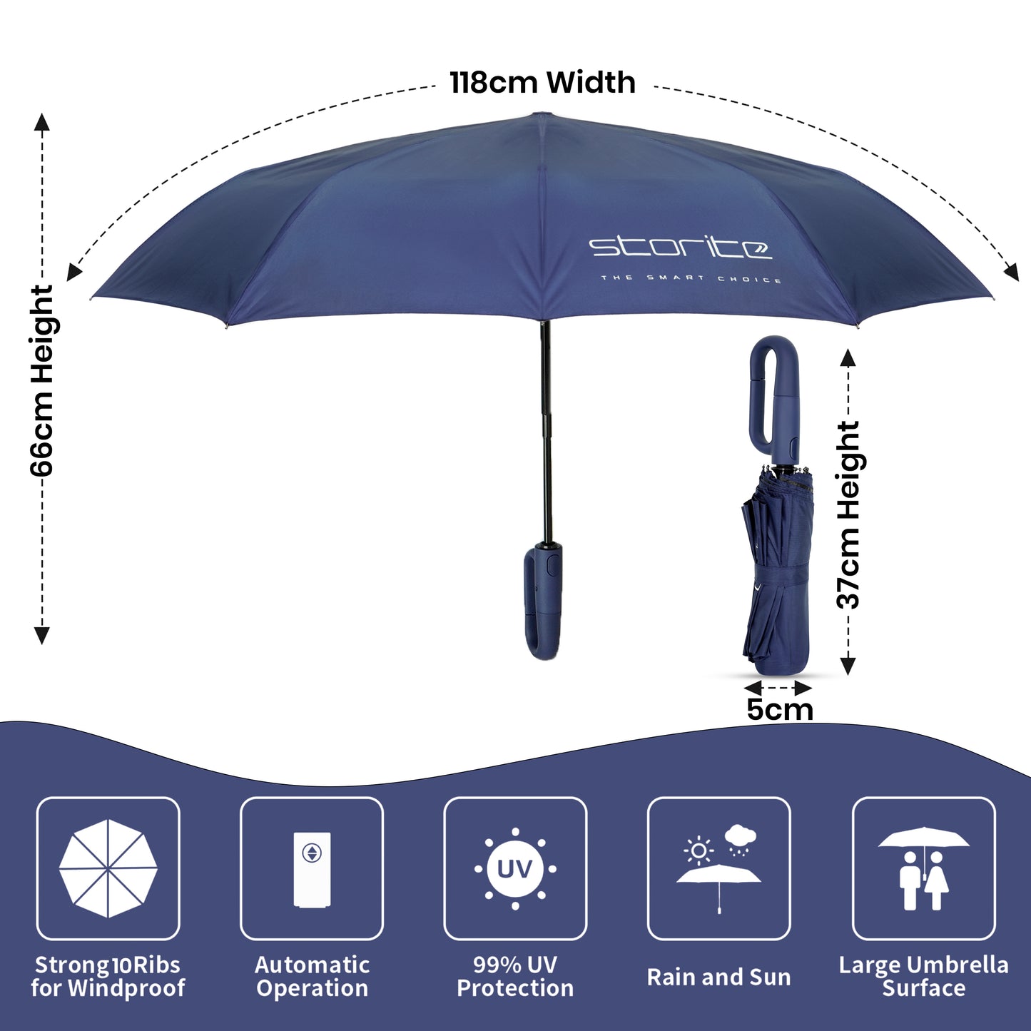 Storite UV Umbrella with Novelty Carabiner Handle, Travel Umbrellas for Rain and Sun Windproof Compact, Automatic Open Close, 10 Ribs, Portable Umbrella for Men and Women (Blue)