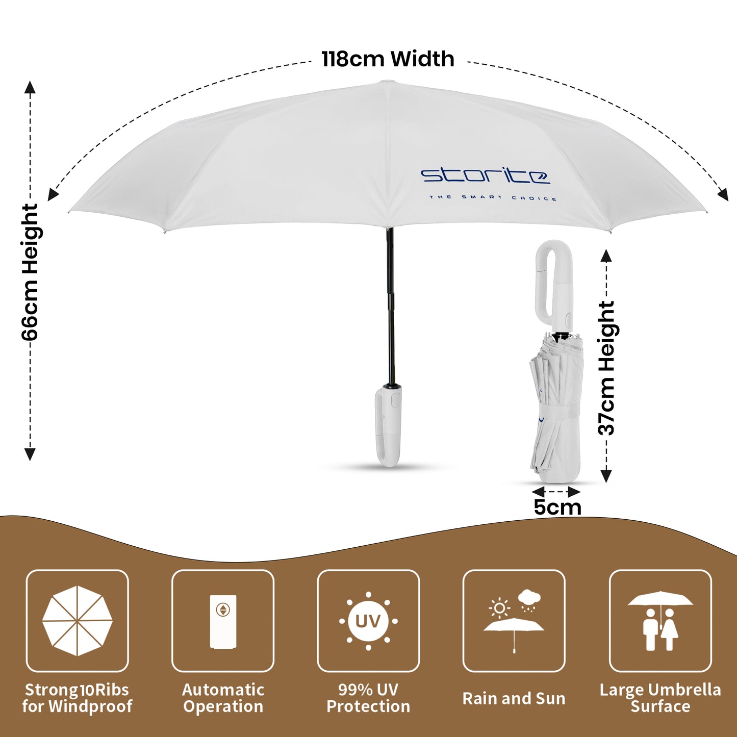 Storite UV Umbrella with Novelty Carabiner Handle, Travel Umbrellas for Rain and Sun Windproof Compact, Automatic Open Close, 10 Ribs, Portable Umbrella for Men and Women (Grey)
