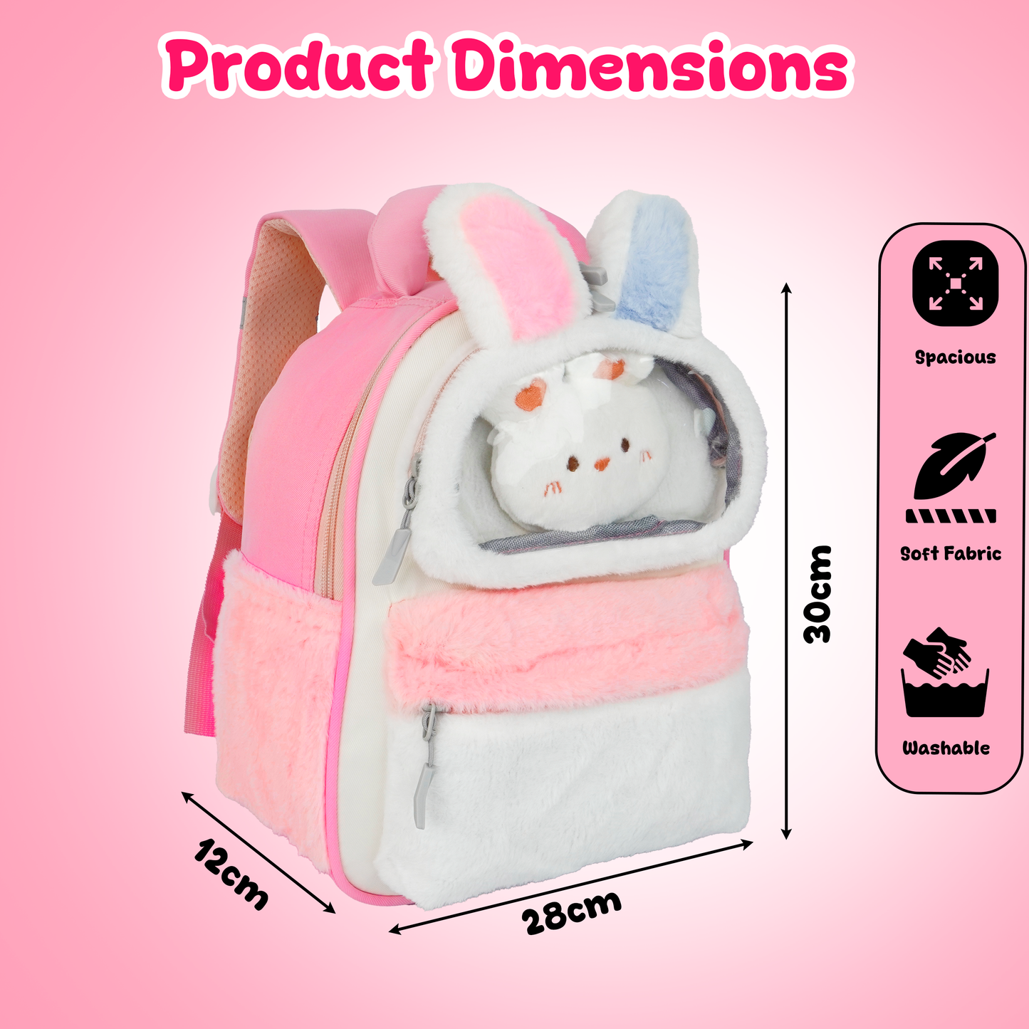Storite Plush Bunny Ears Kids Backpack – Soft & Cute School Bag for Kindergarten & Preschool – White & Pink