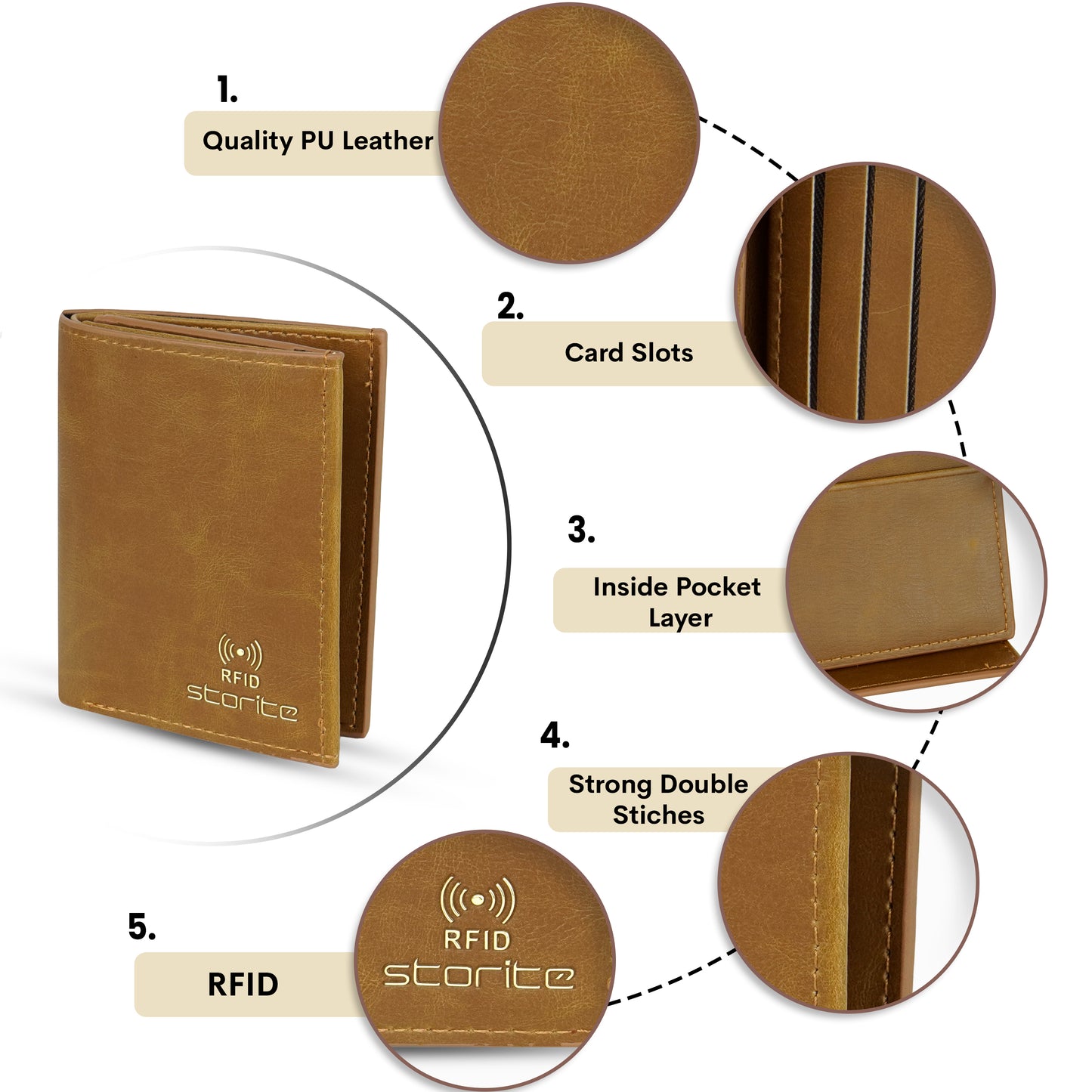 Storite RFID Blocking Tri-Fold Men’s Wallet Credit Card Holder Money Wallet Zipper Coin Purse - Dark Tan