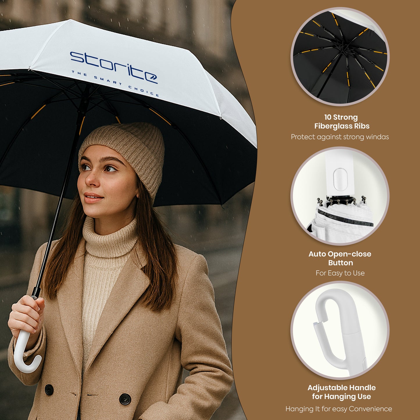 Storite UV Umbrella with Novelty Carabiner Handle, Travel Umbrellas for Rain and Sun Windproof Compact, Automatic Open Close, 10 Ribs, Portable Umbrella for Men and Women (Grey)