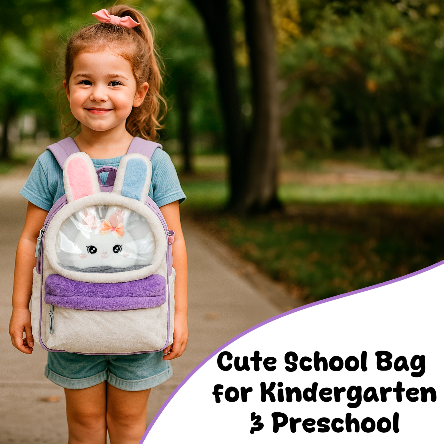 Storite Plush Bunny Ears Kids Backpack – Soft & Cute School Bag for Kindergarten & Preschool – White & Purple
