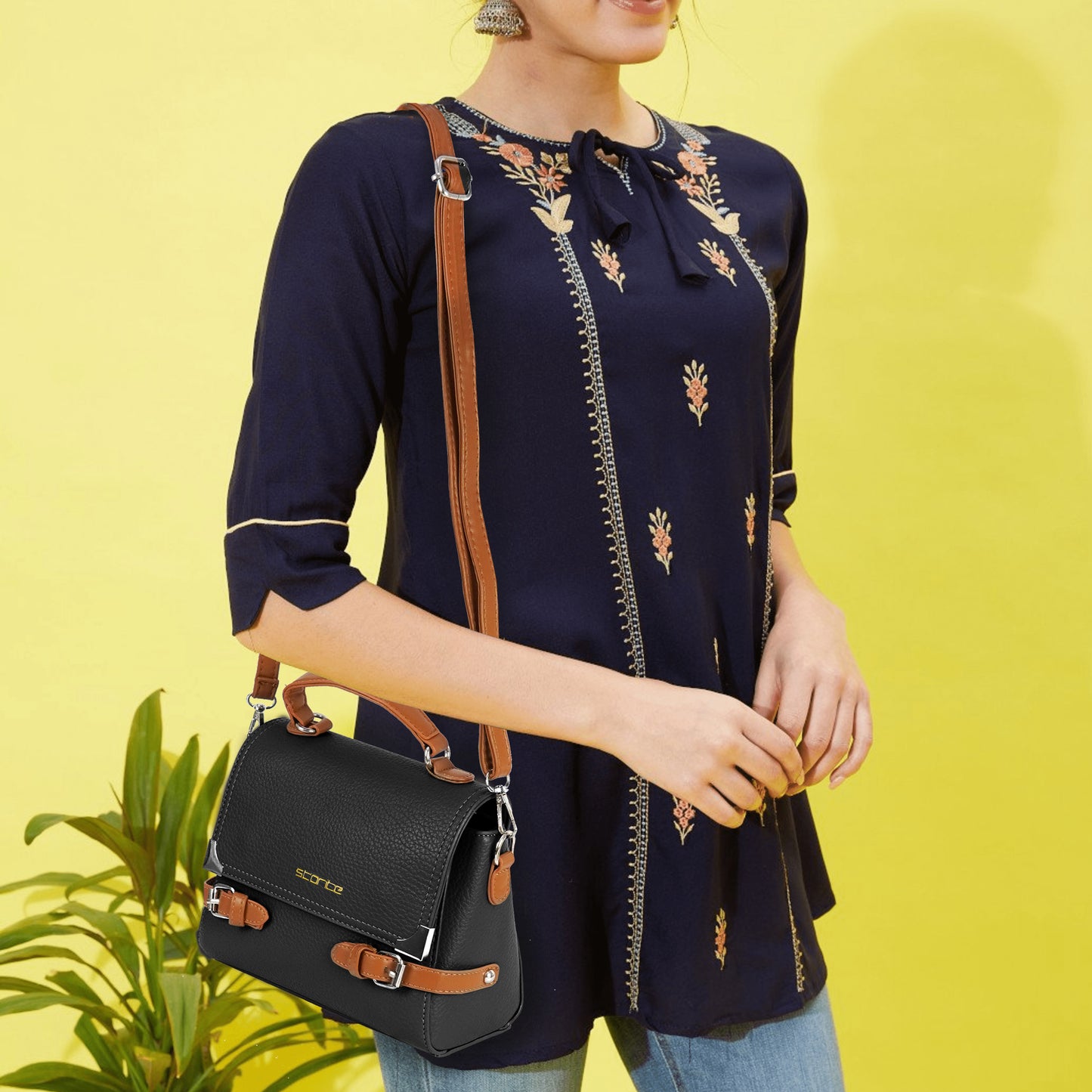 Storite PU Leather Hand Bag | Shoulder Bags for Women with Strap (Black)