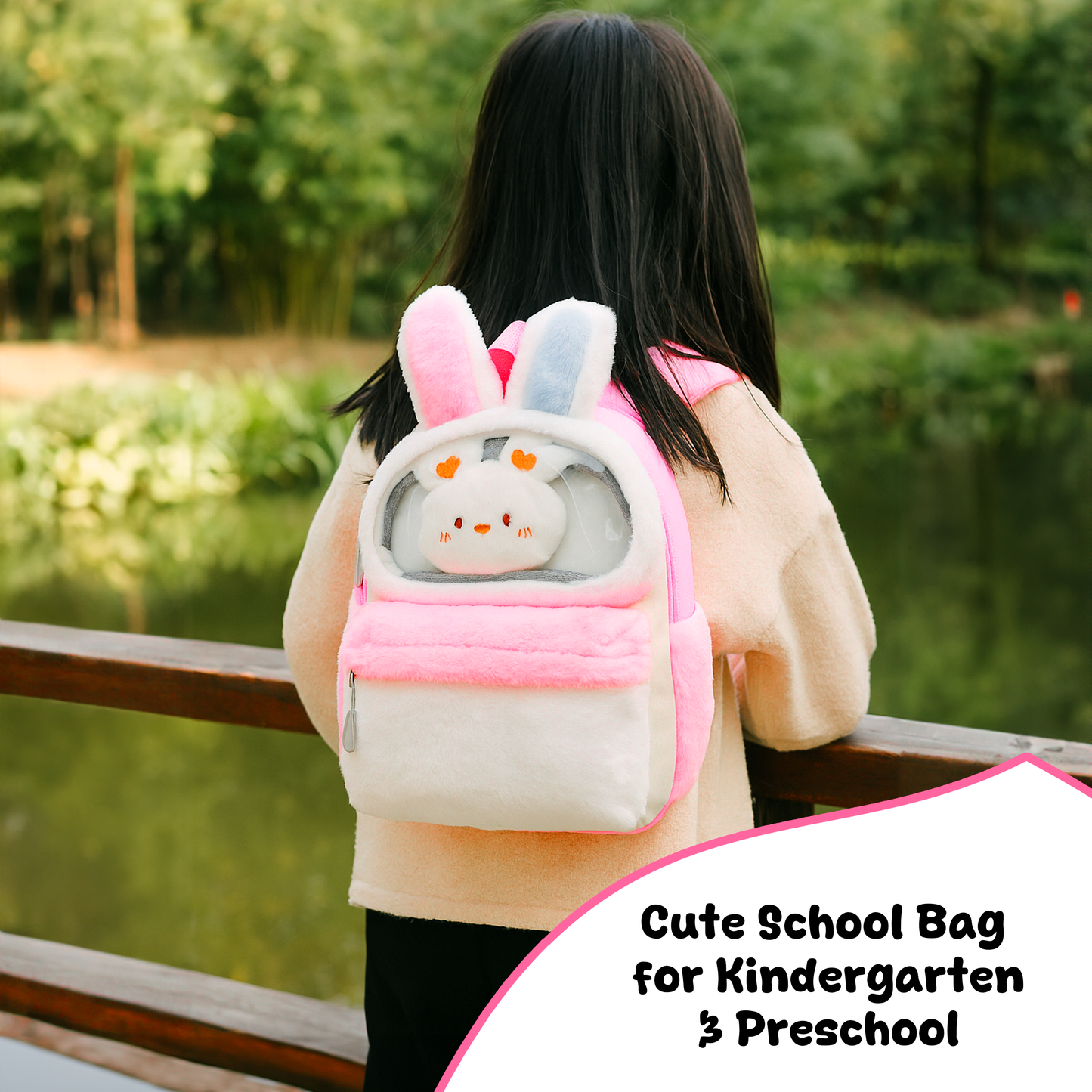 Storite Plush Bunny Ears Kids Backpack – Soft & Cute School Bag for Kindergarten & Preschool – White & Pink