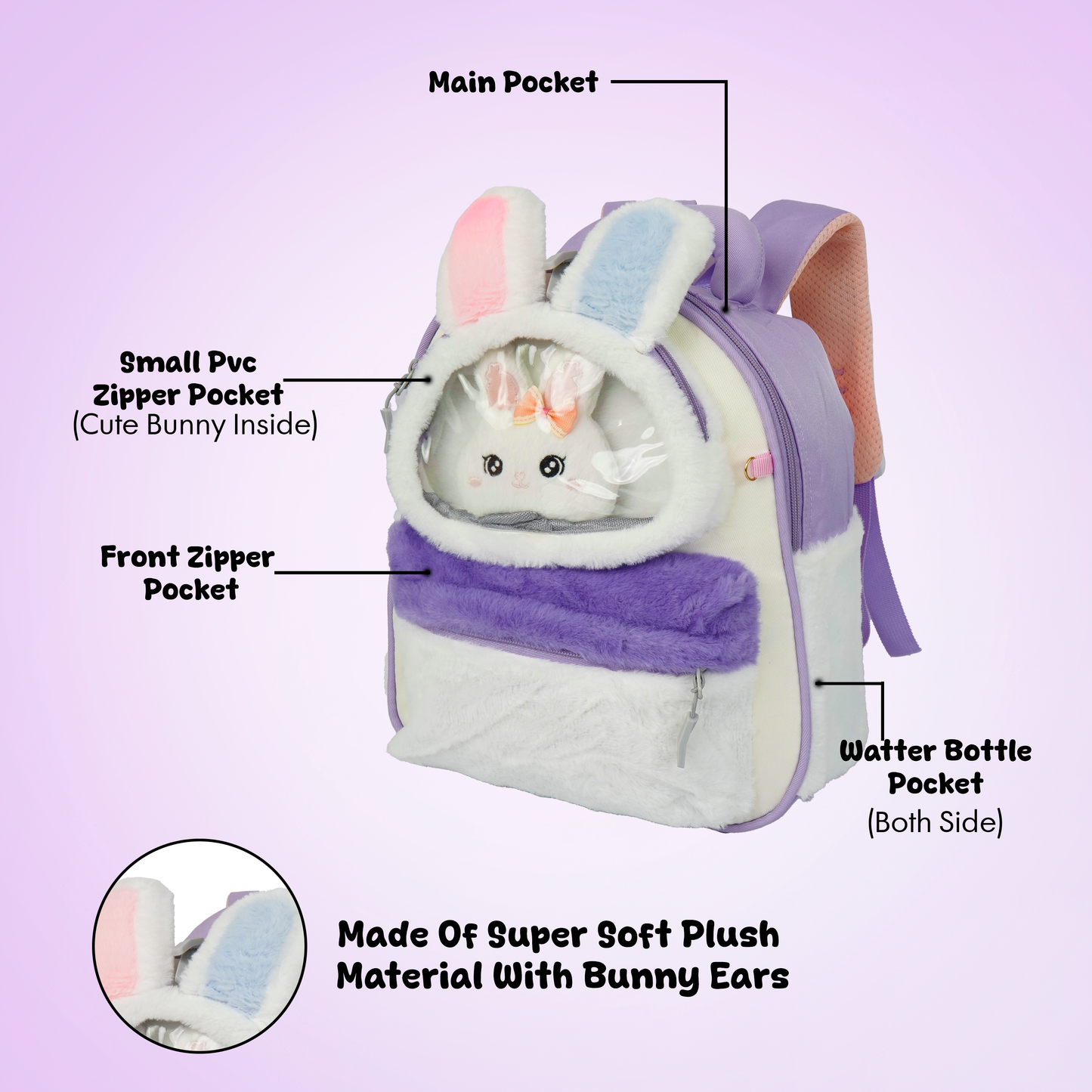 Storite Plush Bunny Ears Kids Backpack – Soft & Cute School Bag for Kindergarten & Preschool – White & Purple
