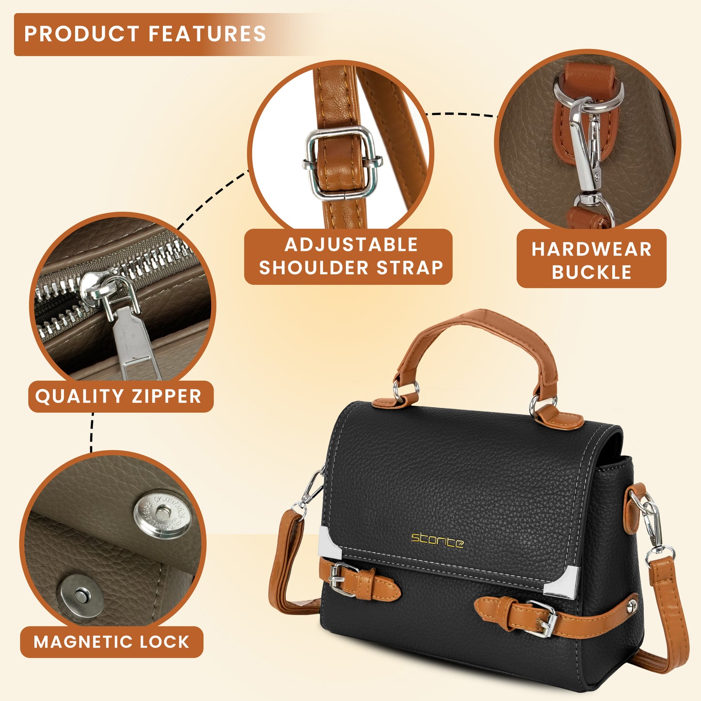Storite PU Leather Hand Bag | Shoulder Bags for Women with Strap (Black)