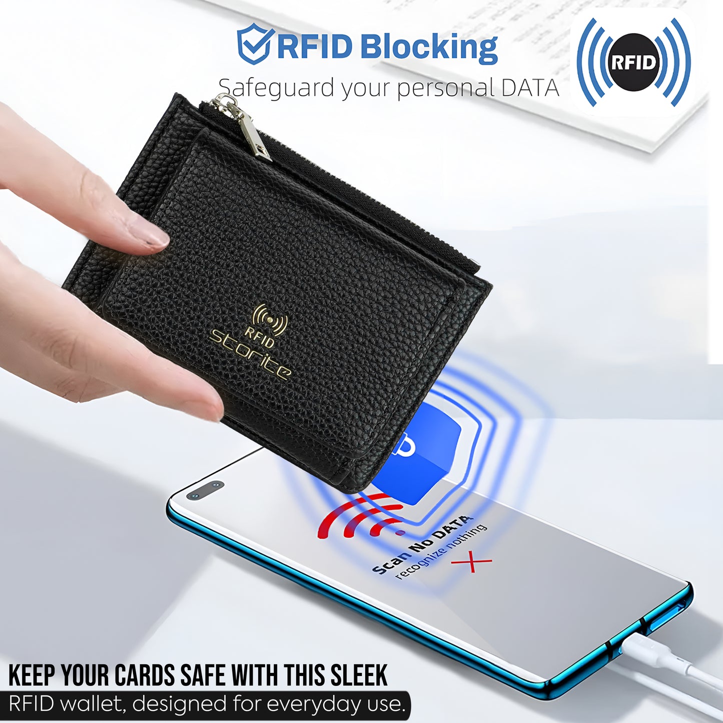 Storite Zipper Wallet for Women with RFID Protection – Elegant & Compact Design & Easy to Fit in Pocket,5 Card Slots,1 ID Window Mini Purse Money Pocket with Button Closure - Black