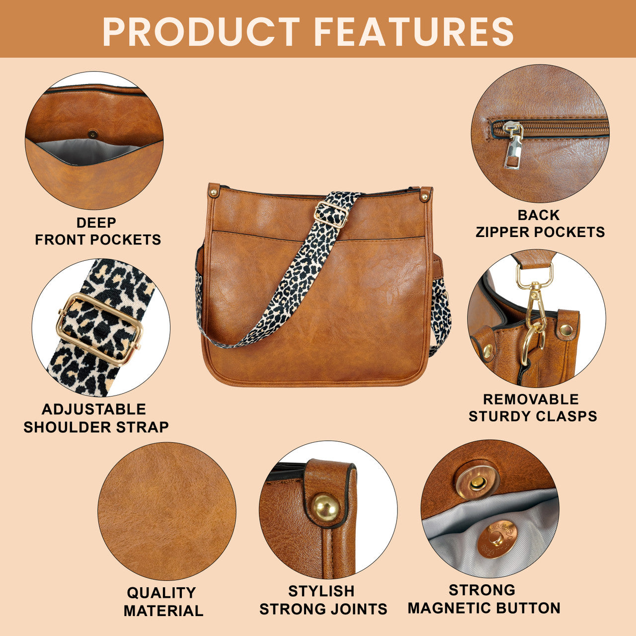 Storite Brown Women Sling Bag PU Lather One Side Shoulder Bag with Two Printed Adjustable Strap