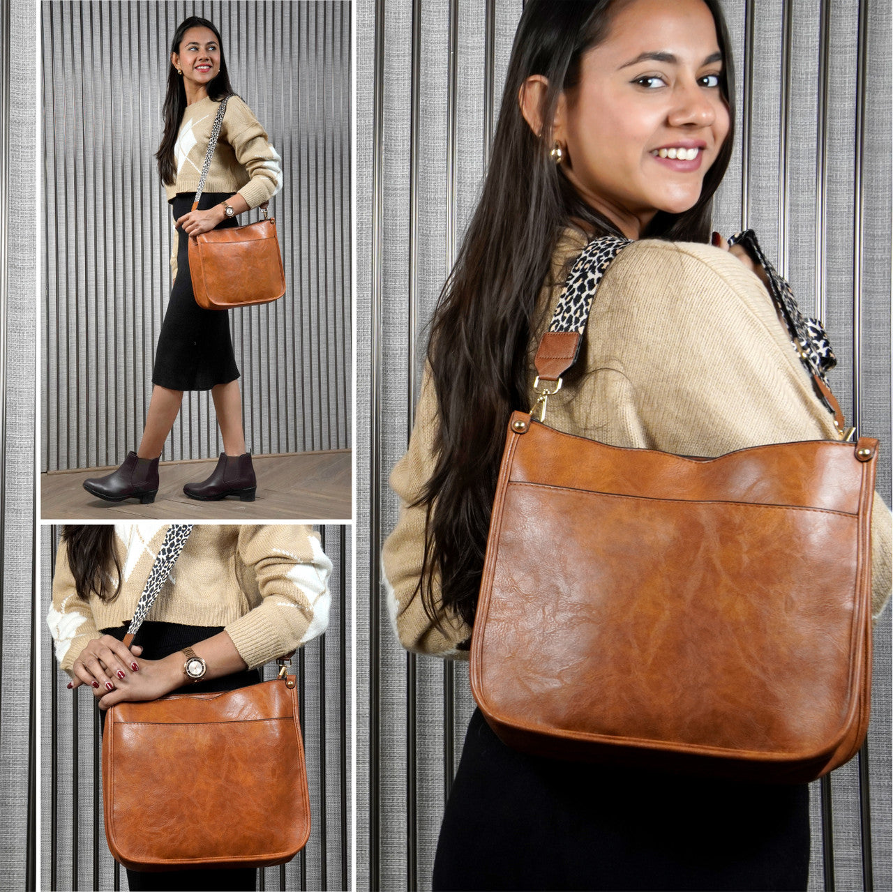 Storite Brown Women Sling Bag PU Lather One Side Shoulder Bag with Two Printed Adjustable Strap