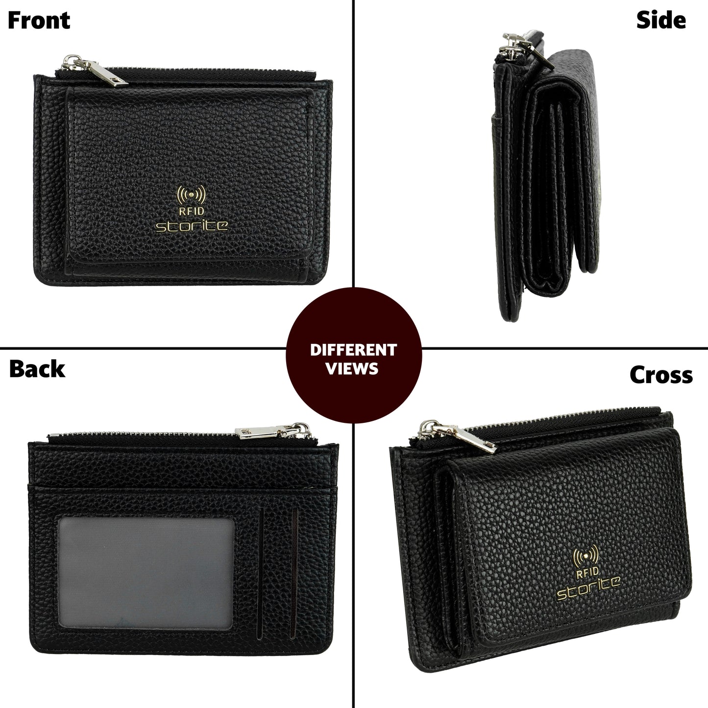 Storite Zipper Wallet for Women with RFID Protection – Elegant & Compact Design & Easy to Fit in Pocket,5 Card Slots,1 ID Window Mini Purse Money Pocket with Button Closure - Black