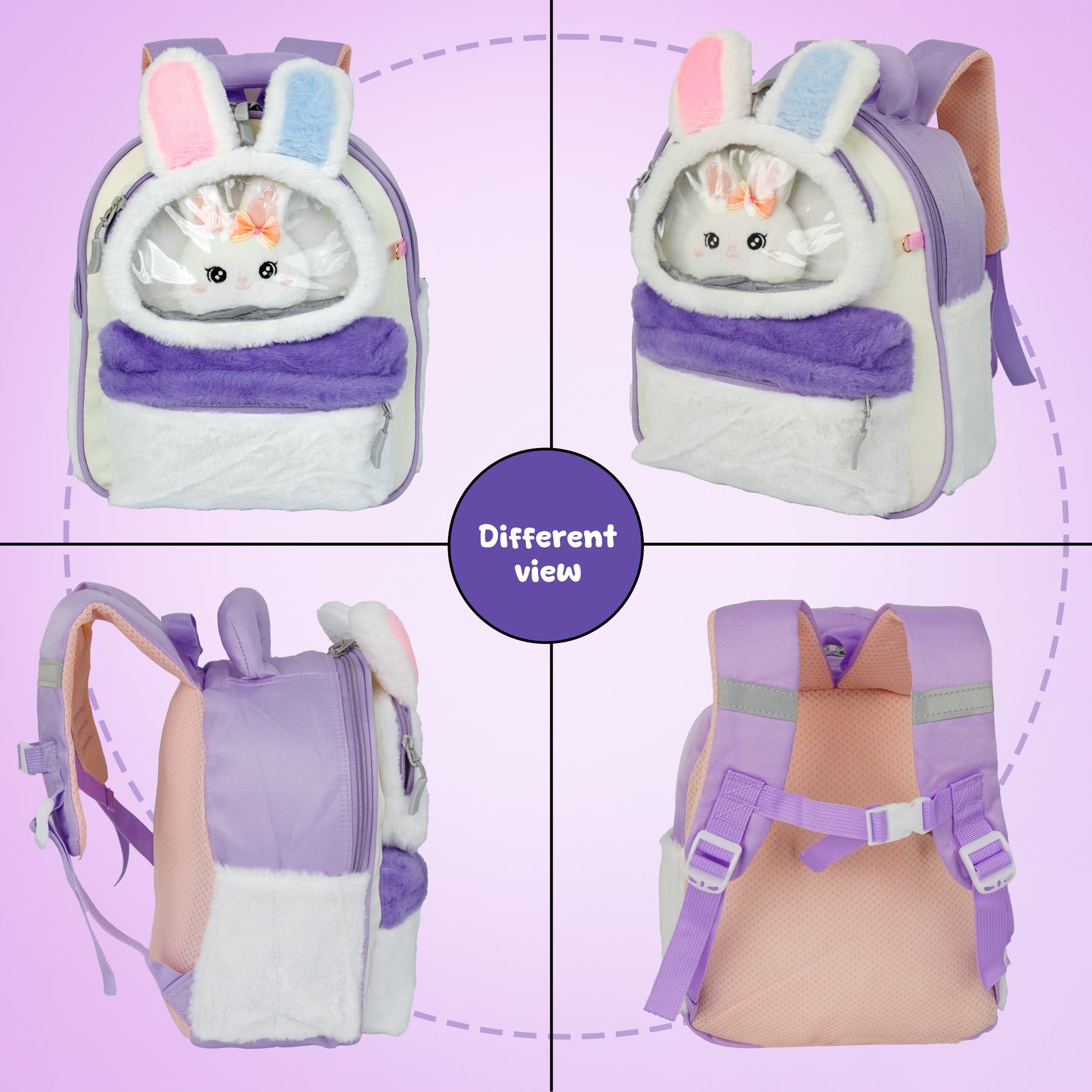 Storite Plush Bunny Ears Kids Backpack – Soft & Cute School Bag for Kindergarten & Preschool – White & Purple