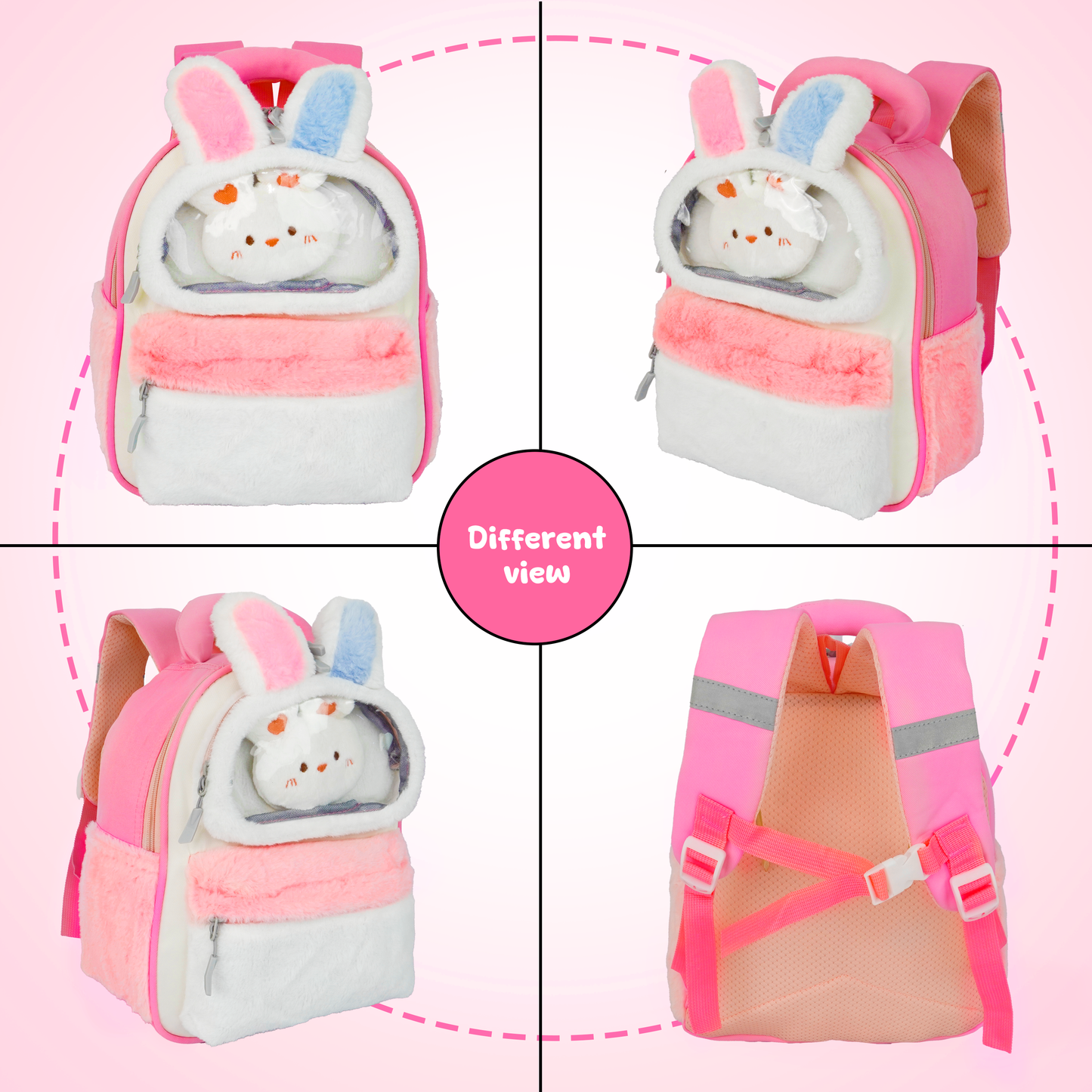 Storite Plush Bunny Ears Kids Backpack – Soft & Cute School Bag for Kindergarten & Preschool – White & Pink