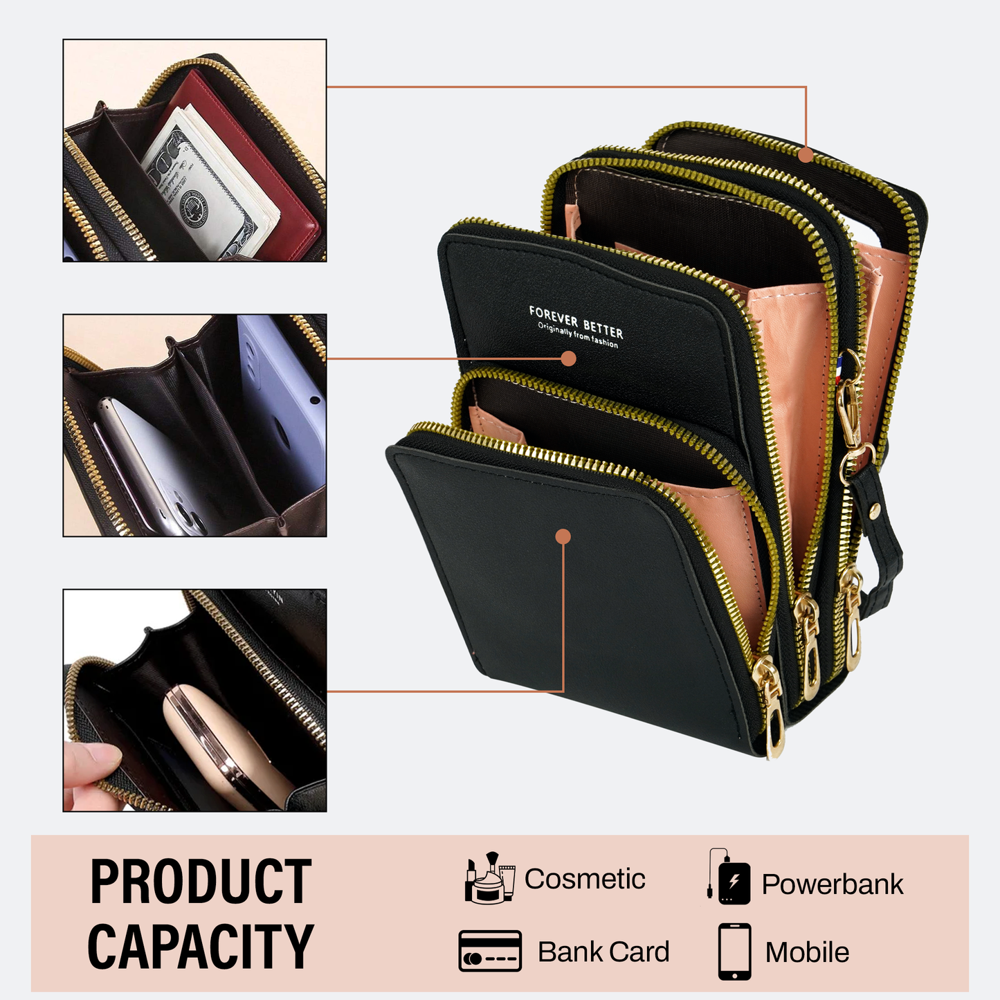 STORITE Black Shoulder Bag Crossbody Mobile Sling Bag for Women