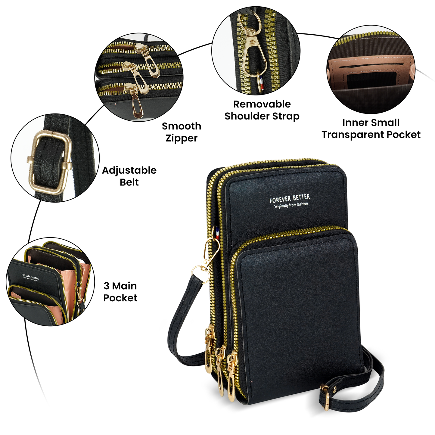 STORITE Black Shoulder Bag Crossbody Mobile Sling Bag for Women