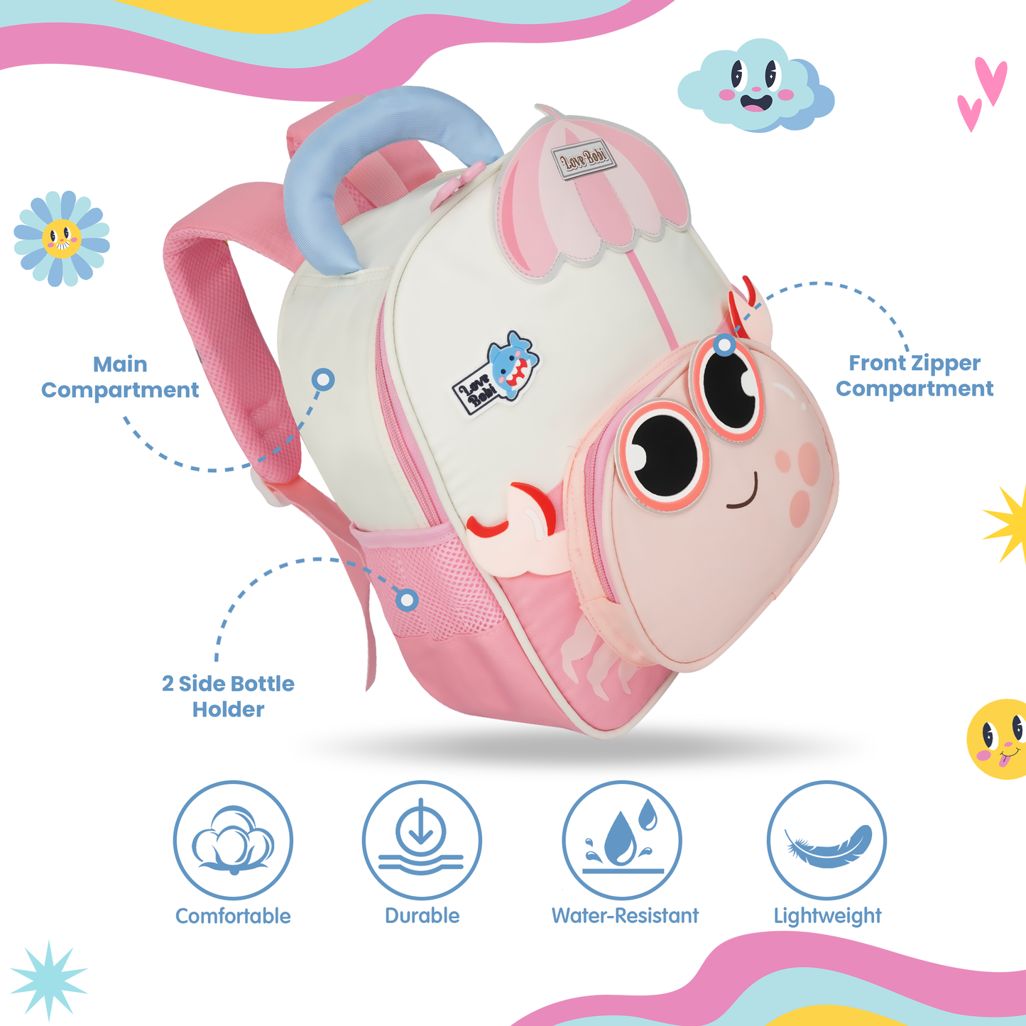 Storite Crab Design Kids Backpack – Cute & Lightweight School Bag for Preschool & Kindergarten – Pink