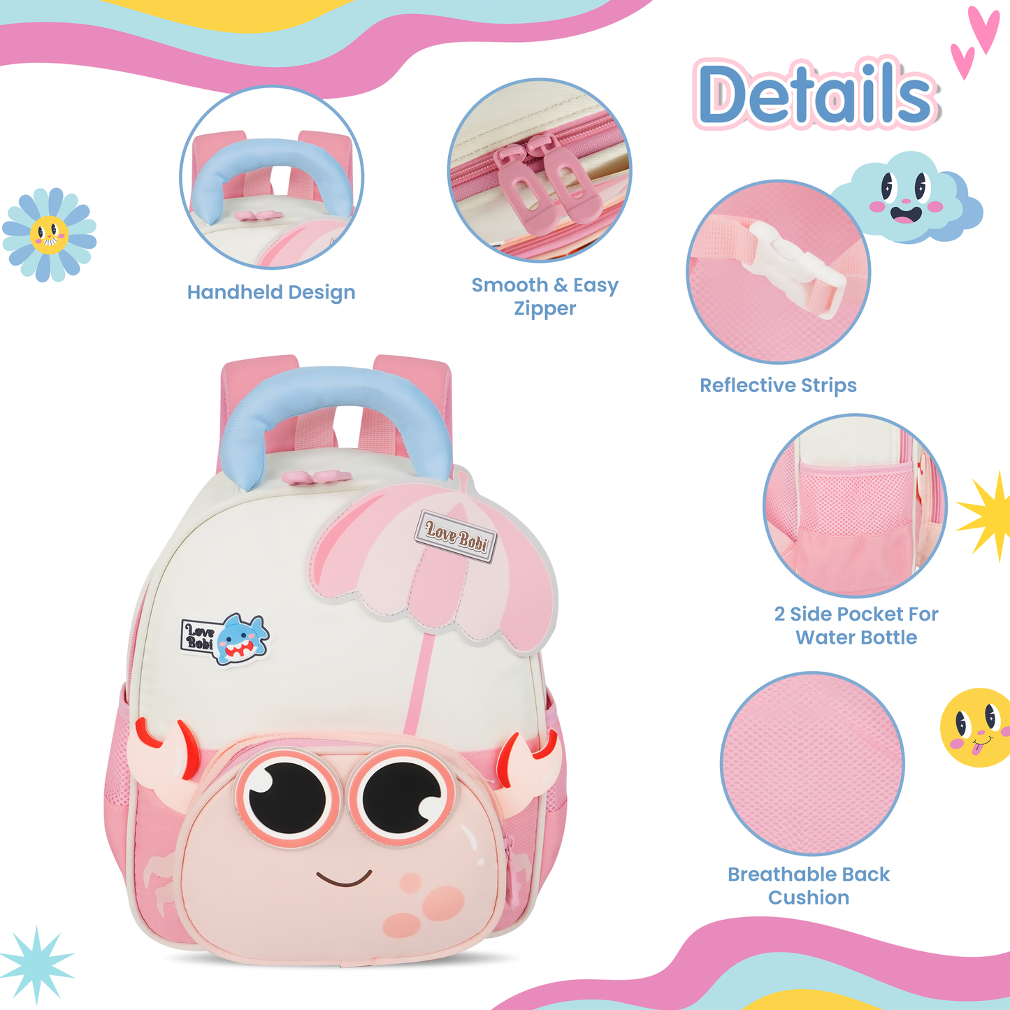 Storite Crab Design Kids Backpack – Cute & Lightweight School Bag for Preschool & Kindergarten – Pink