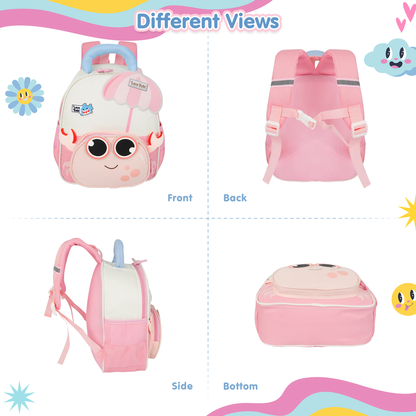 Storite Crab Design Kids Backpack – Cute & Lightweight School Bag for Preschool & Kindergarten – Pink