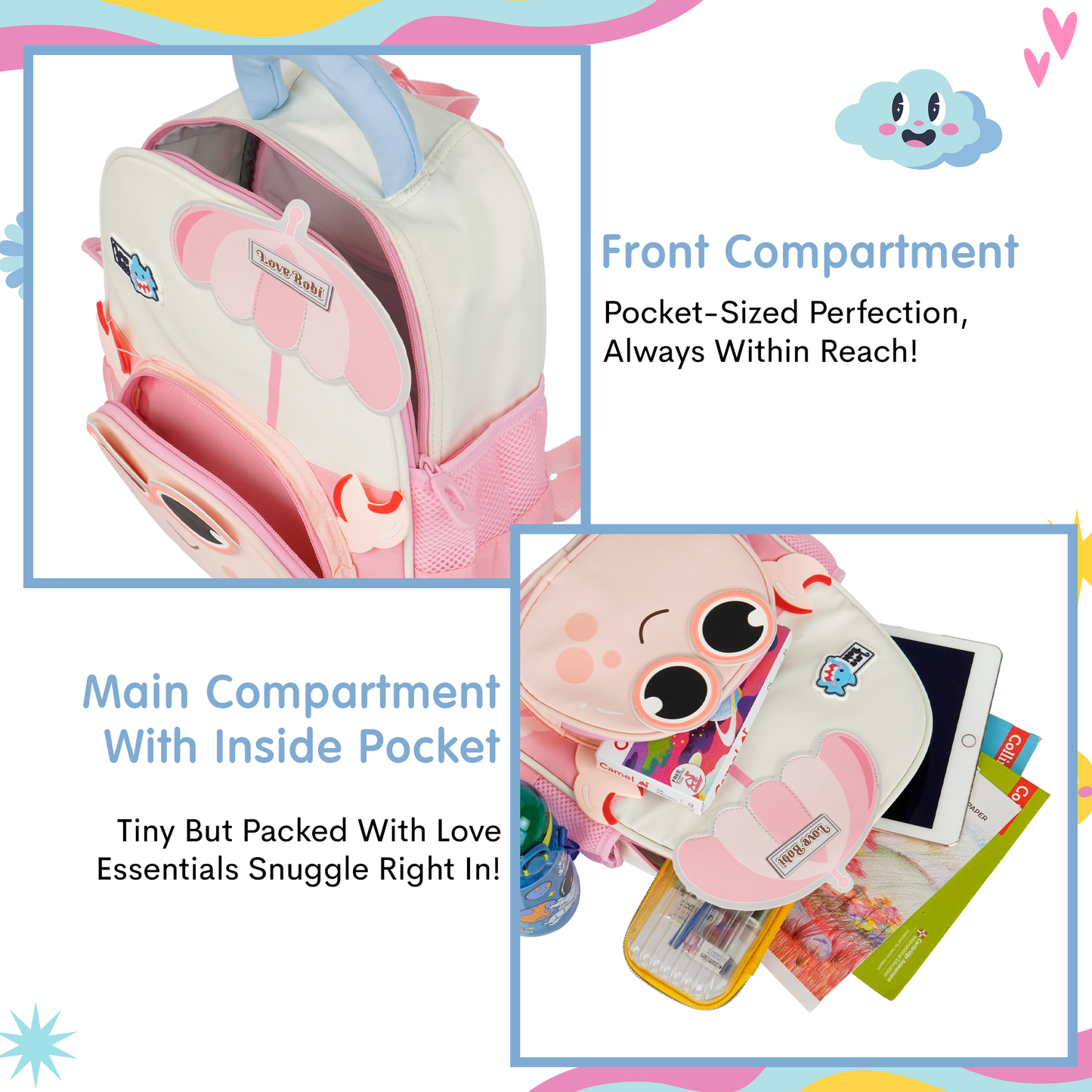 Storite Crab Design Kids Backpack – Cute & Lightweight School Bag for Preschool & Kindergarten – Pink