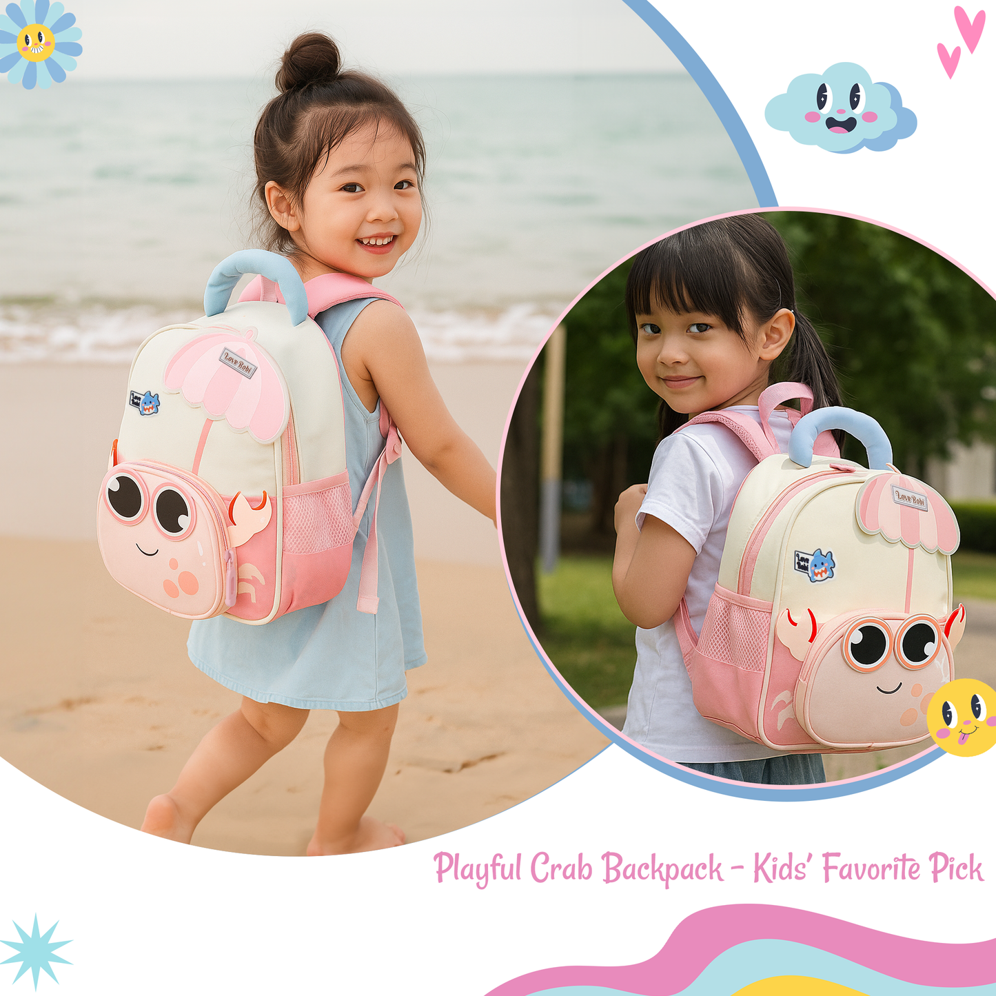 Storite Crab Design Kids Backpack – Cute & Lightweight School Bag for Preschool & Kindergarten – Pink