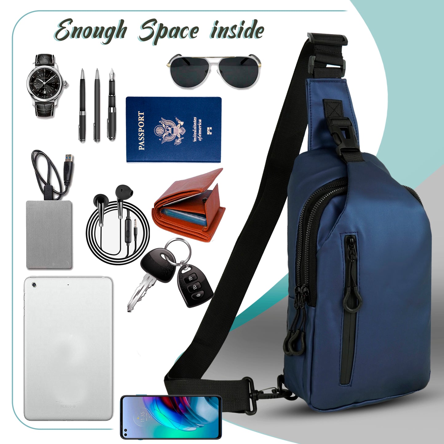 Storite Stylish Crossbody Sling Bag for Men & Women, Anti-Theft Chest Bag with USB Charging Port, Messenger Bags, Casual Shoulder Bag - Blue