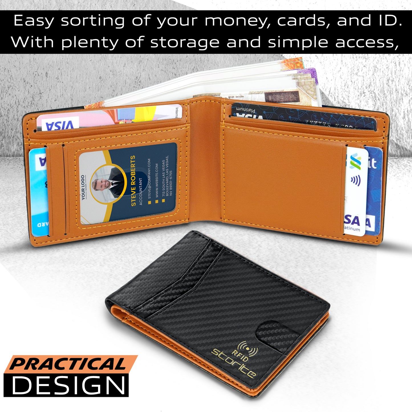 Storite Men's RFID Bifold Wallet – Slim Leather Wallet with Card Slots – Tan and Black