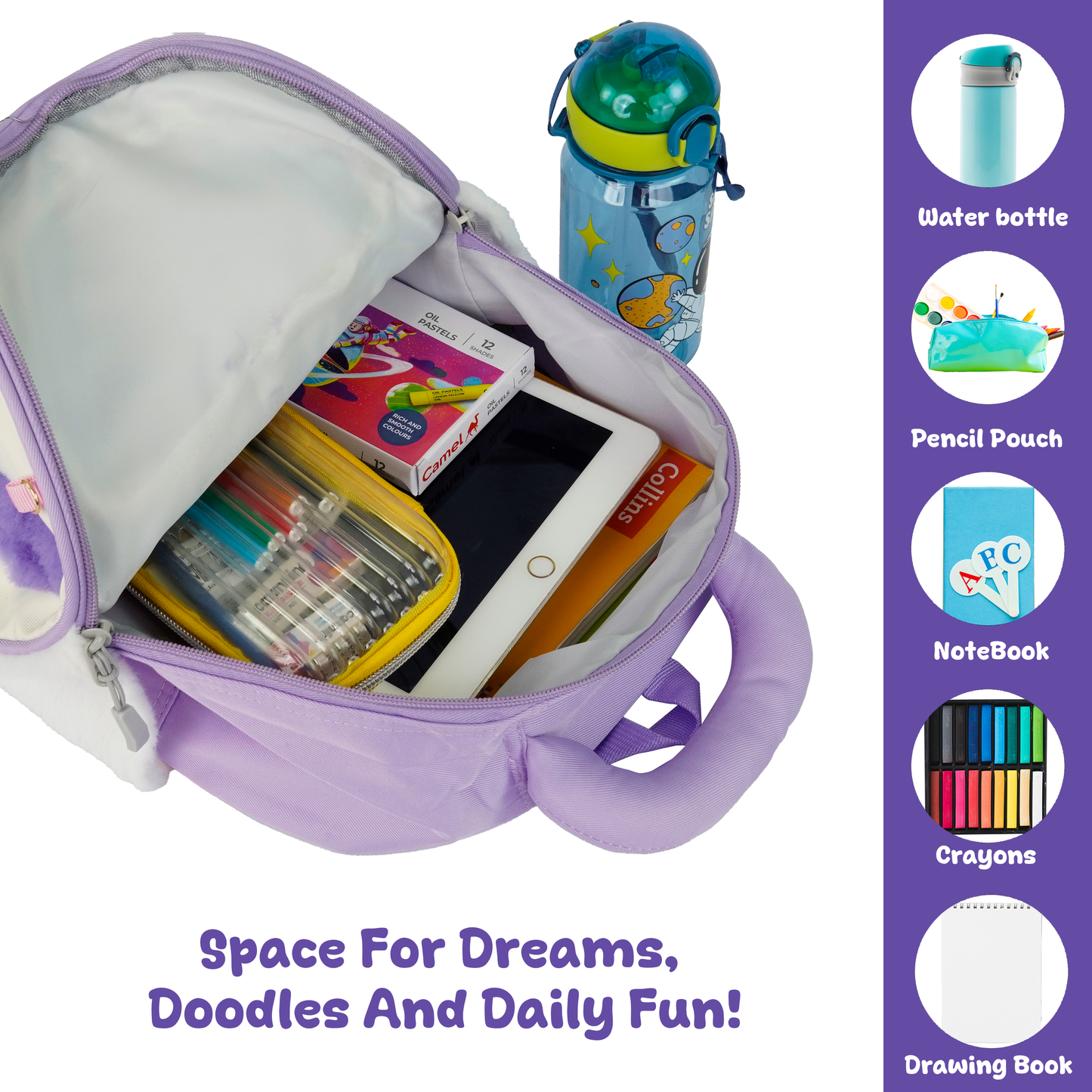 Storite Plush Bunny Ears Kids Backpack – Soft & Cute School Bag for Kindergarten & Preschool – White & Purple