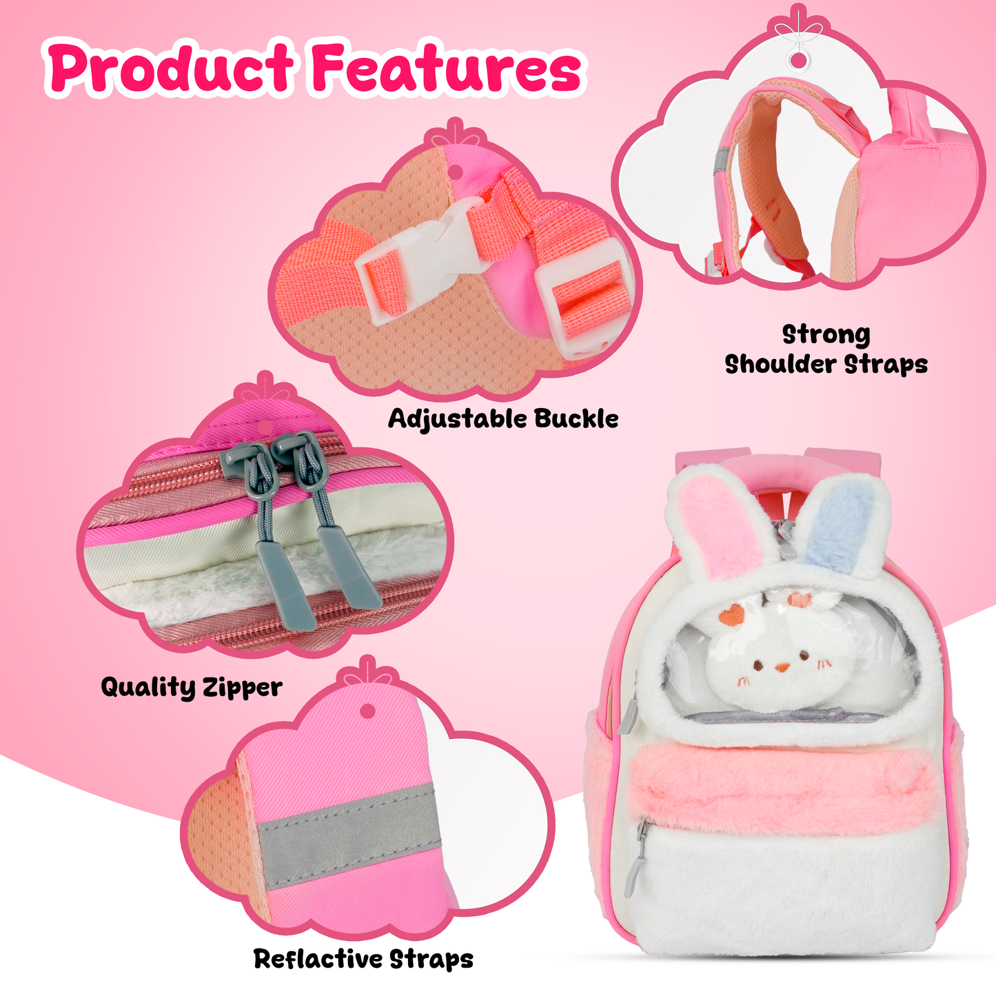 Storite Plush Bunny Ears Kids Backpack – Soft & Cute School Bag for Kindergarten & Preschool – White & Pink