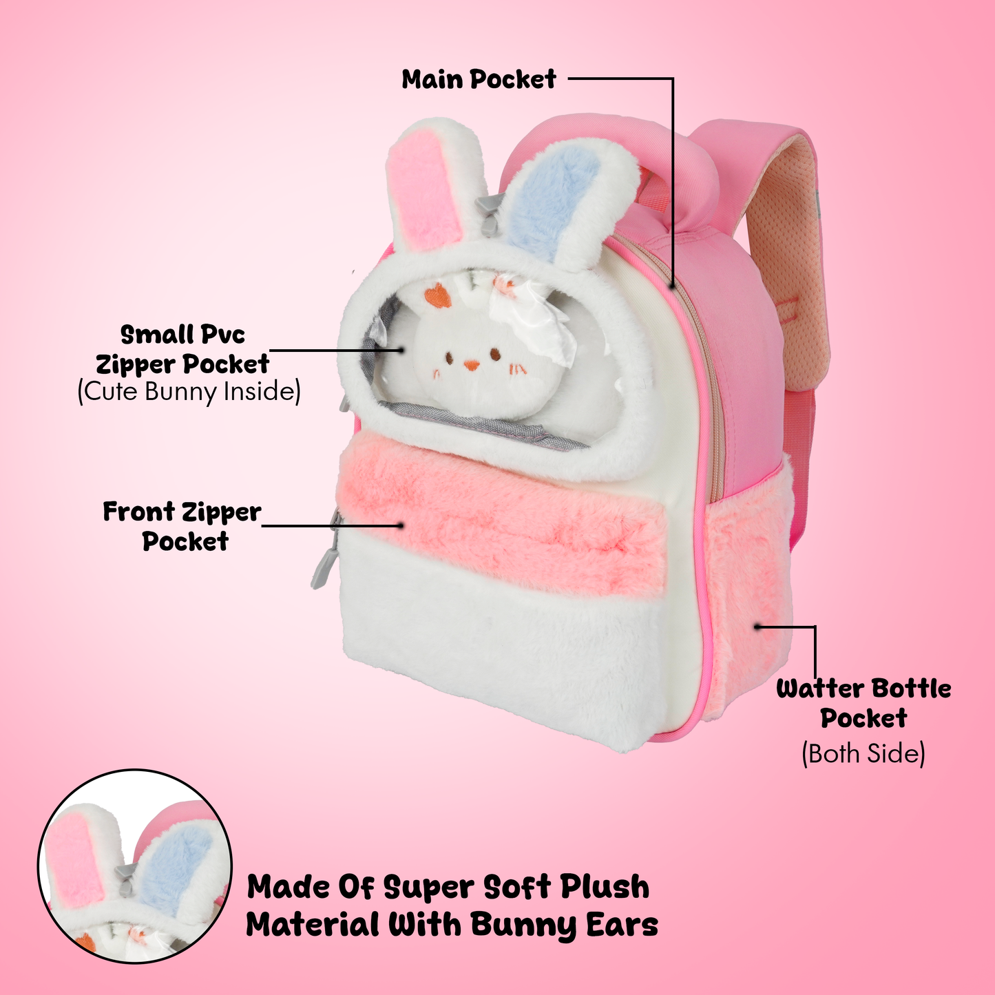 Storite Plush Bunny Ears Kids Backpack – Soft & Cute School Bag for Kindergarten & Preschool – White & Pink