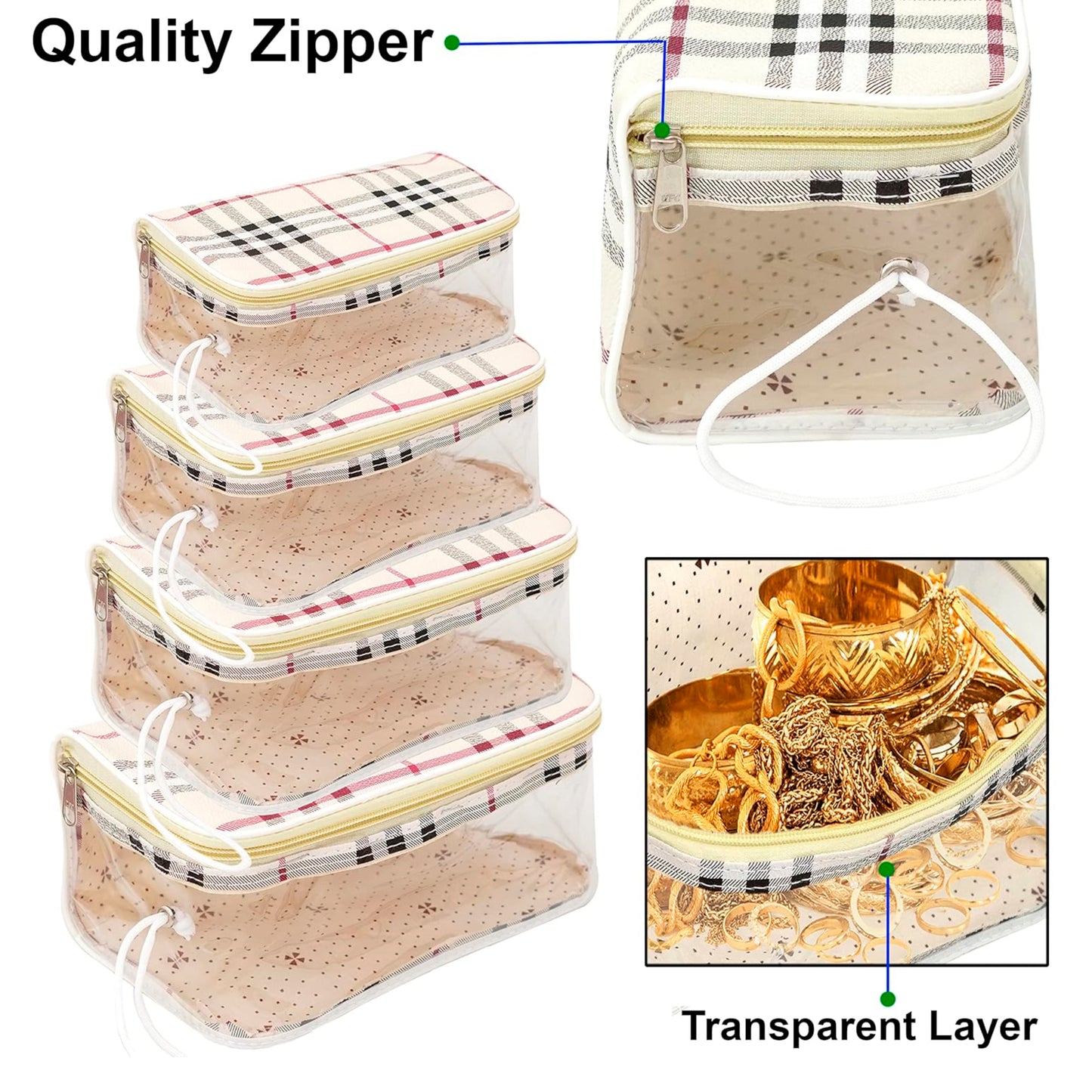 Storite Set of 4 Transparent Travel Pouches, Makeup & Accessories Organizer - Peach
