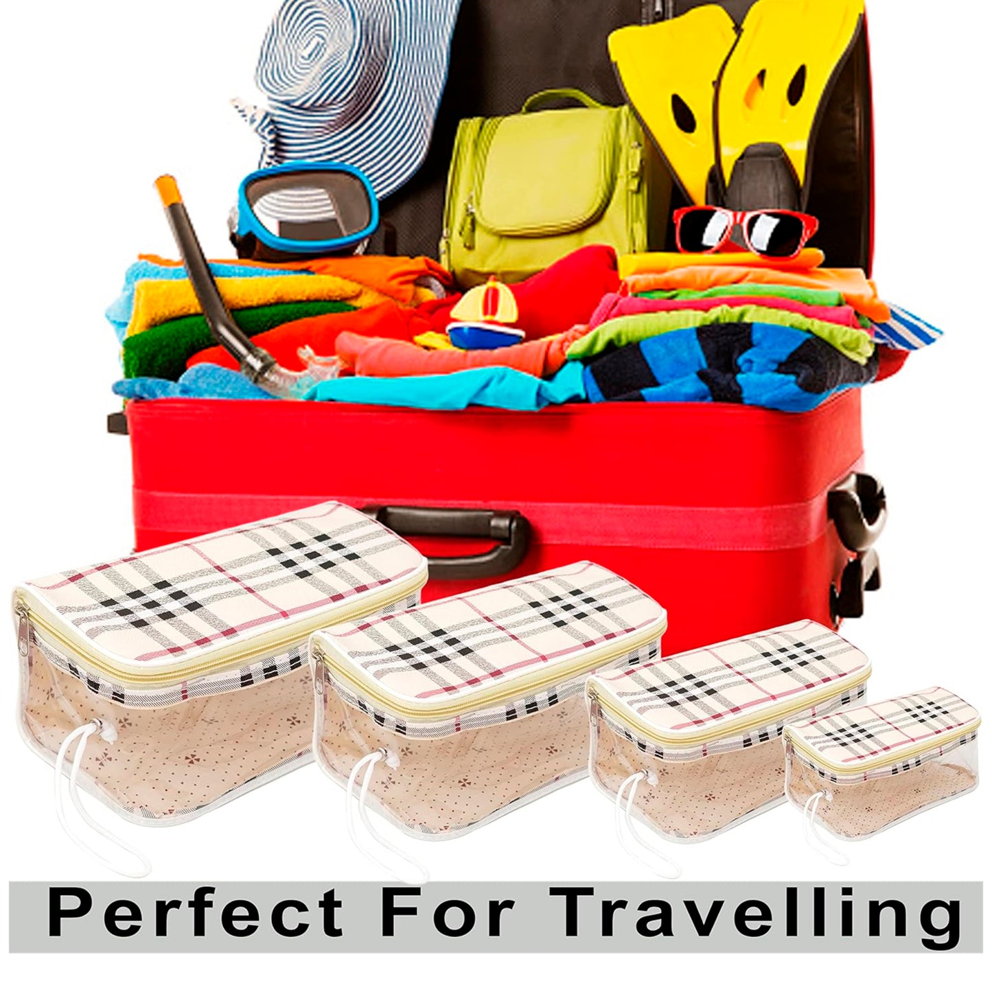 Storite Set of 4 Transparent Travel Pouches, Makeup & Accessories Organizer - Peach