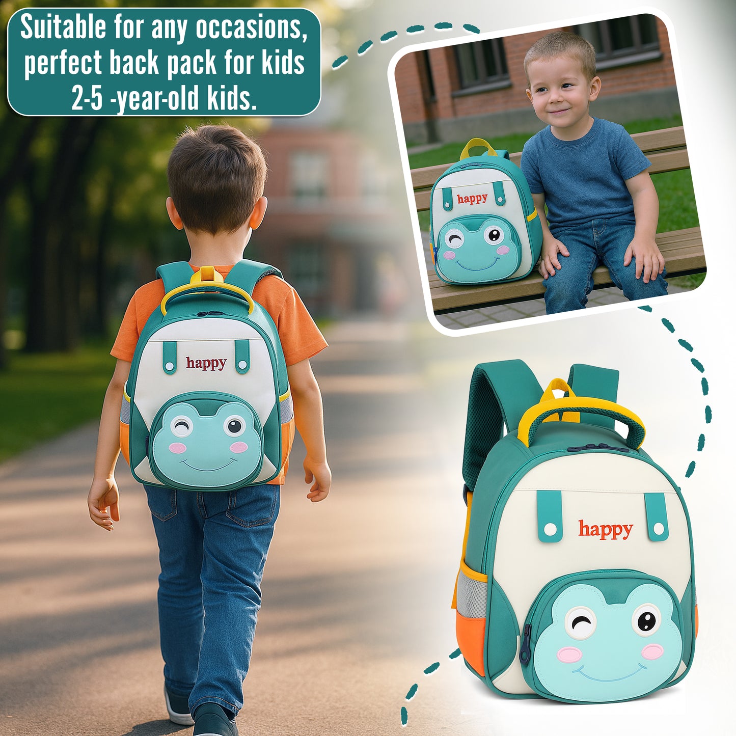 Storite Frog Design Kids Backpack – Cute & Lightweight School Bag for Class 1–3 Students – Green