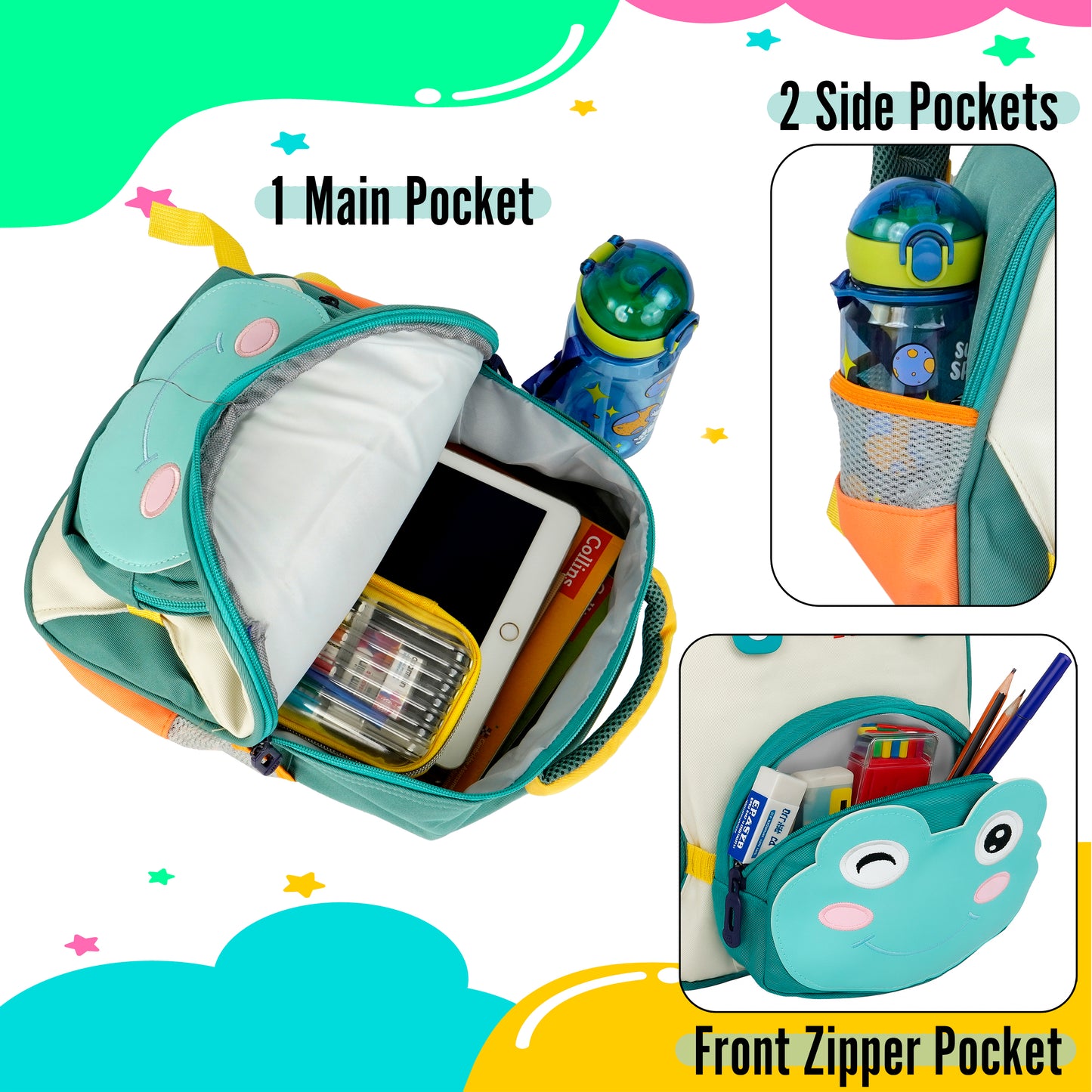 Storite Frog Design Kids Backpack – Cute & Lightweight School Bag for Class 1–3 Students – Green