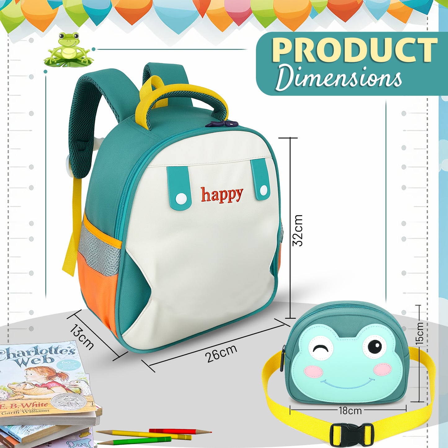 Storite Frog Design Kids Backpack – Cute & Lightweight School Bag for Class 1–3 Students – Green