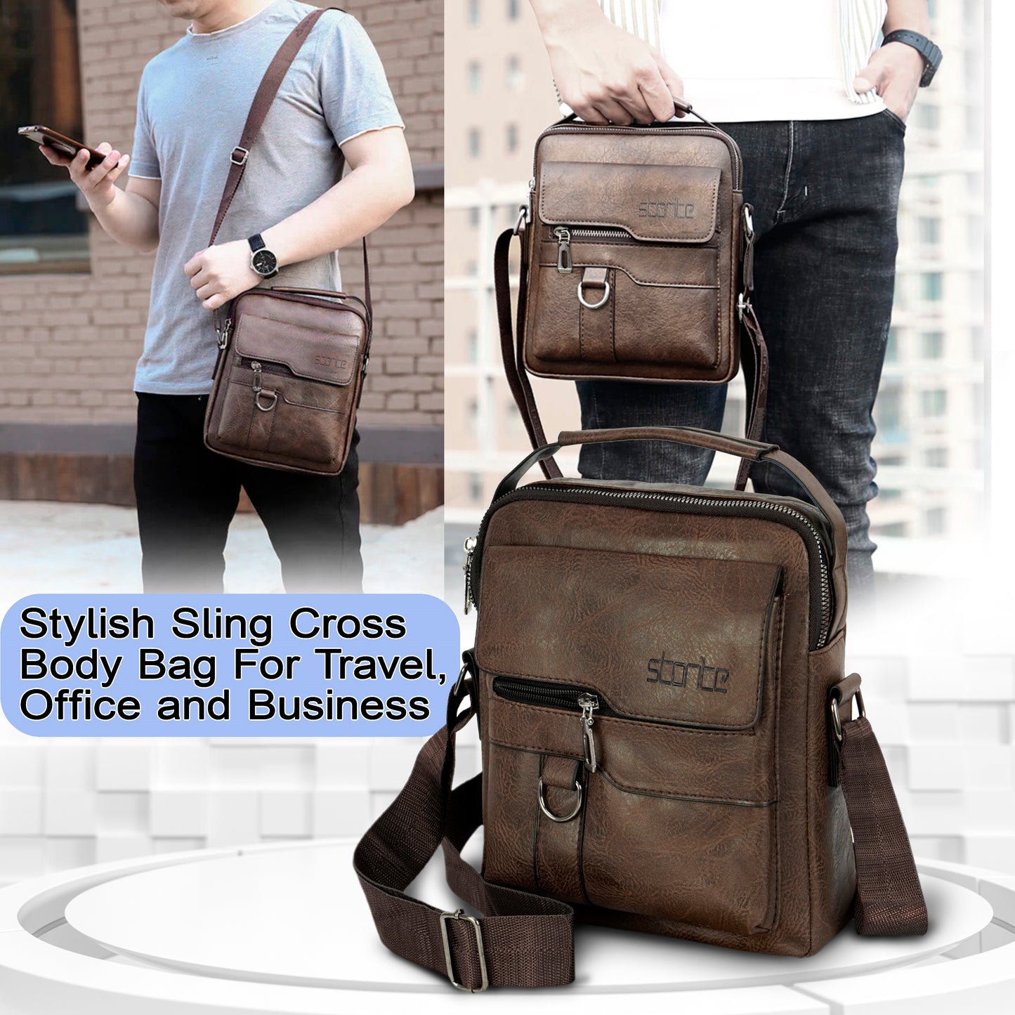 Storite Brown PU Leather Sling Bag for Men - Stylish Crossbody Travel Bag