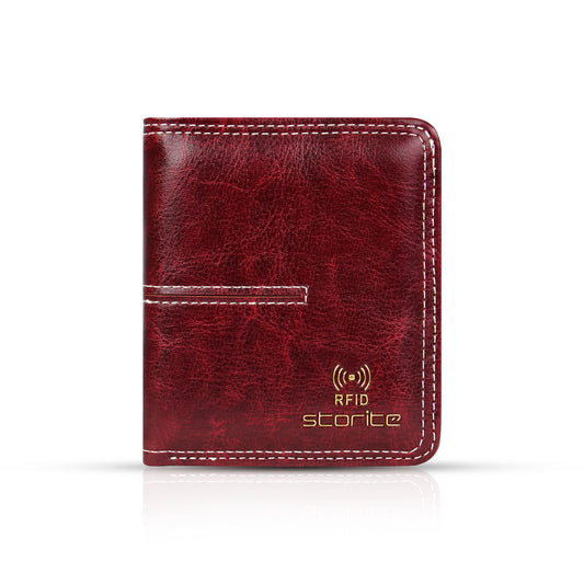 Storite RFID Blocking Women's Leather Small Compact Wallet Slim and Easy to Fit in Pocket,5 Card Slots,1 ID Window, Ladies Mini Purse Money Pocket with Button Closure -Red Wine
